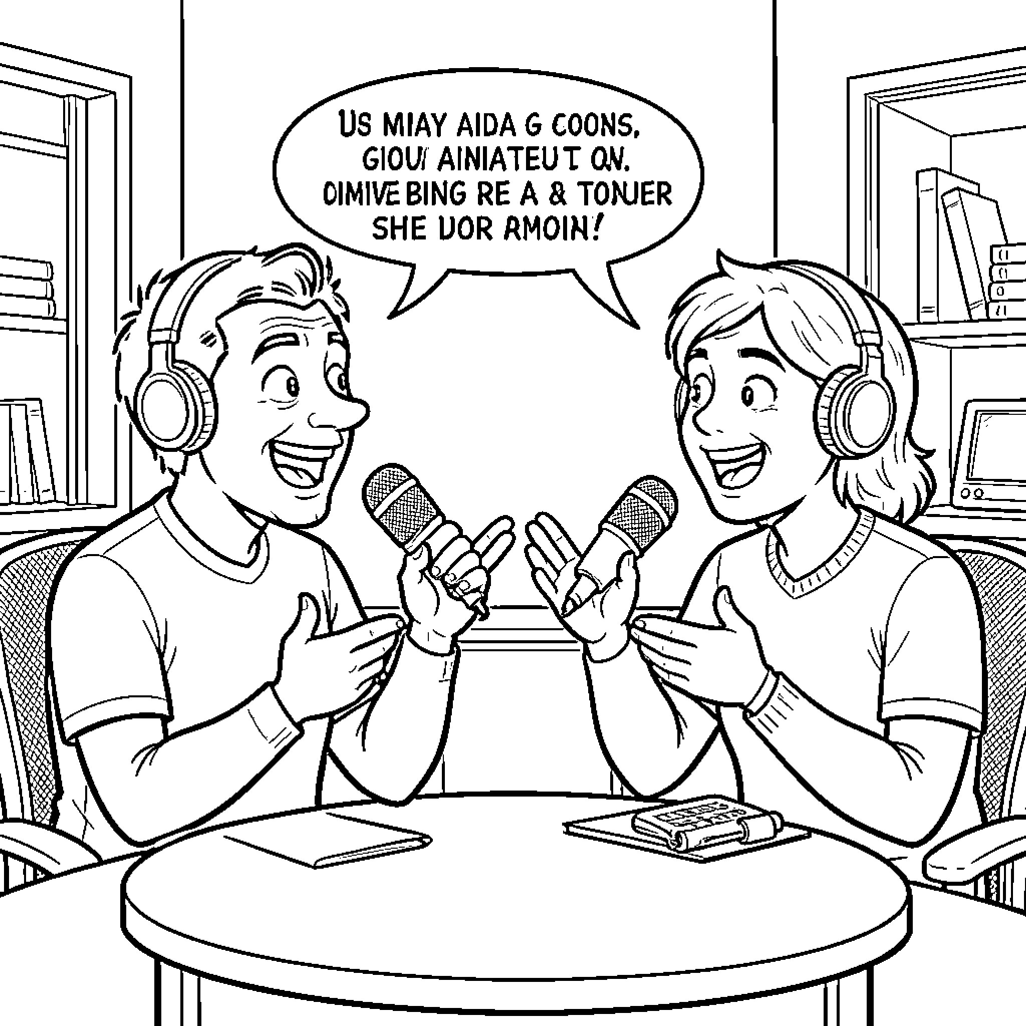 Radio Hosts Engaging in Lively Discussion Coloring Page (free black-and-white line drawing printable PDF for all, from beginners to advanced learners, including children, teens, adults, and seniors)