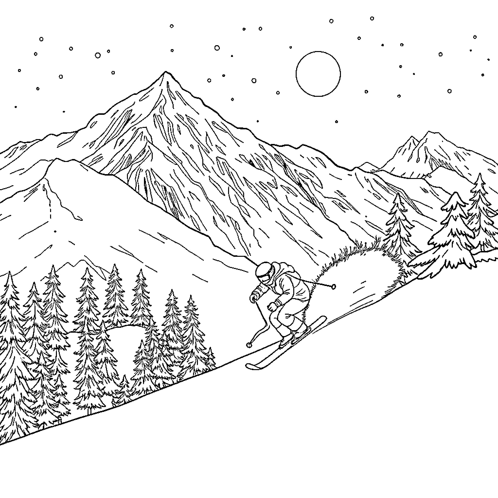 Chase down the Snowy Slopes Coloring Page (free black-and-white line drawing printable PDF for all, from beginners to advanced learners, including children, teens, adults, and seniors)