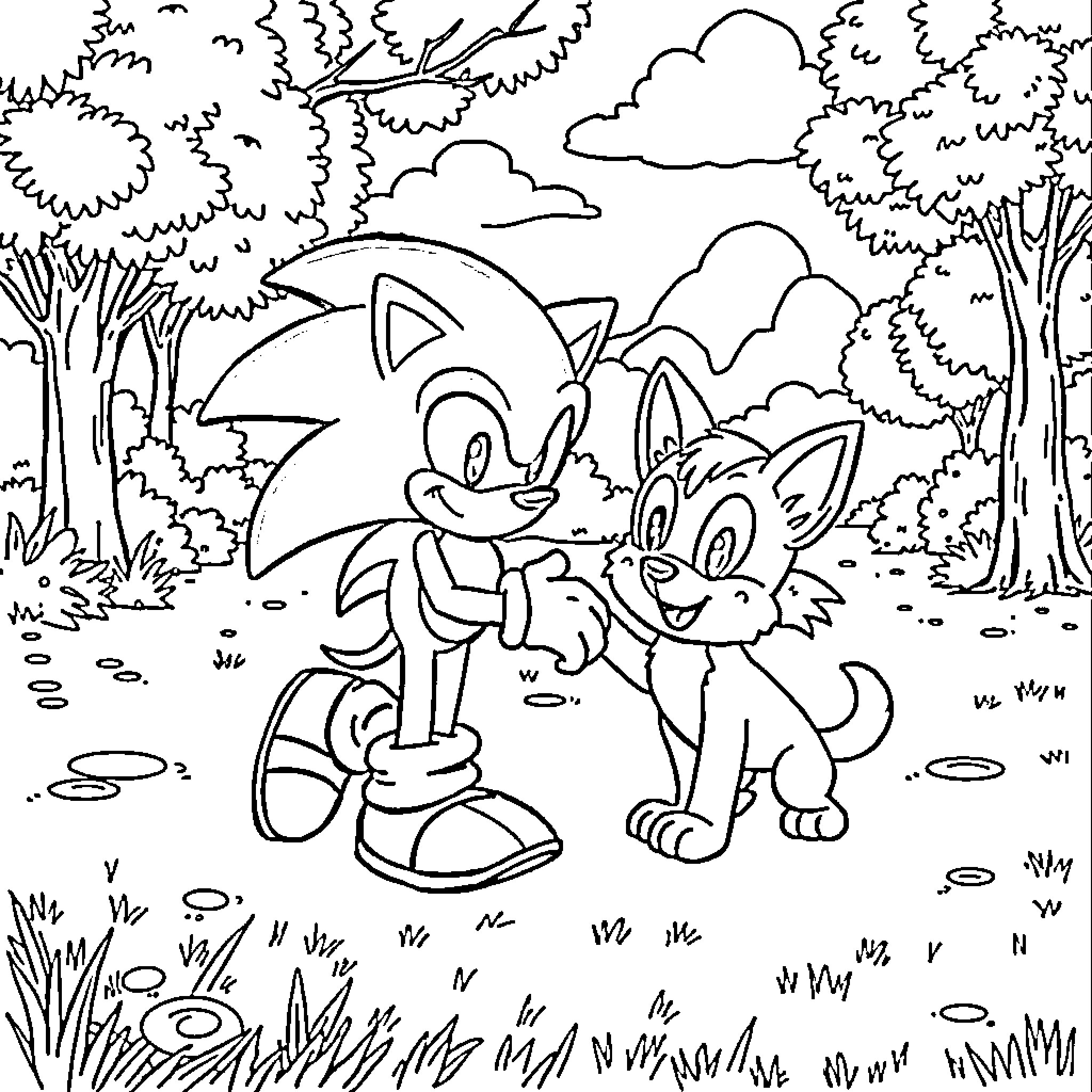 Sonic the Hedgehog enjoying nature with animal friends Coloring Page (free black-and-white line drawing printable PDF for all, from beginners to advanced learners, including children, teens, adults, and seniors)