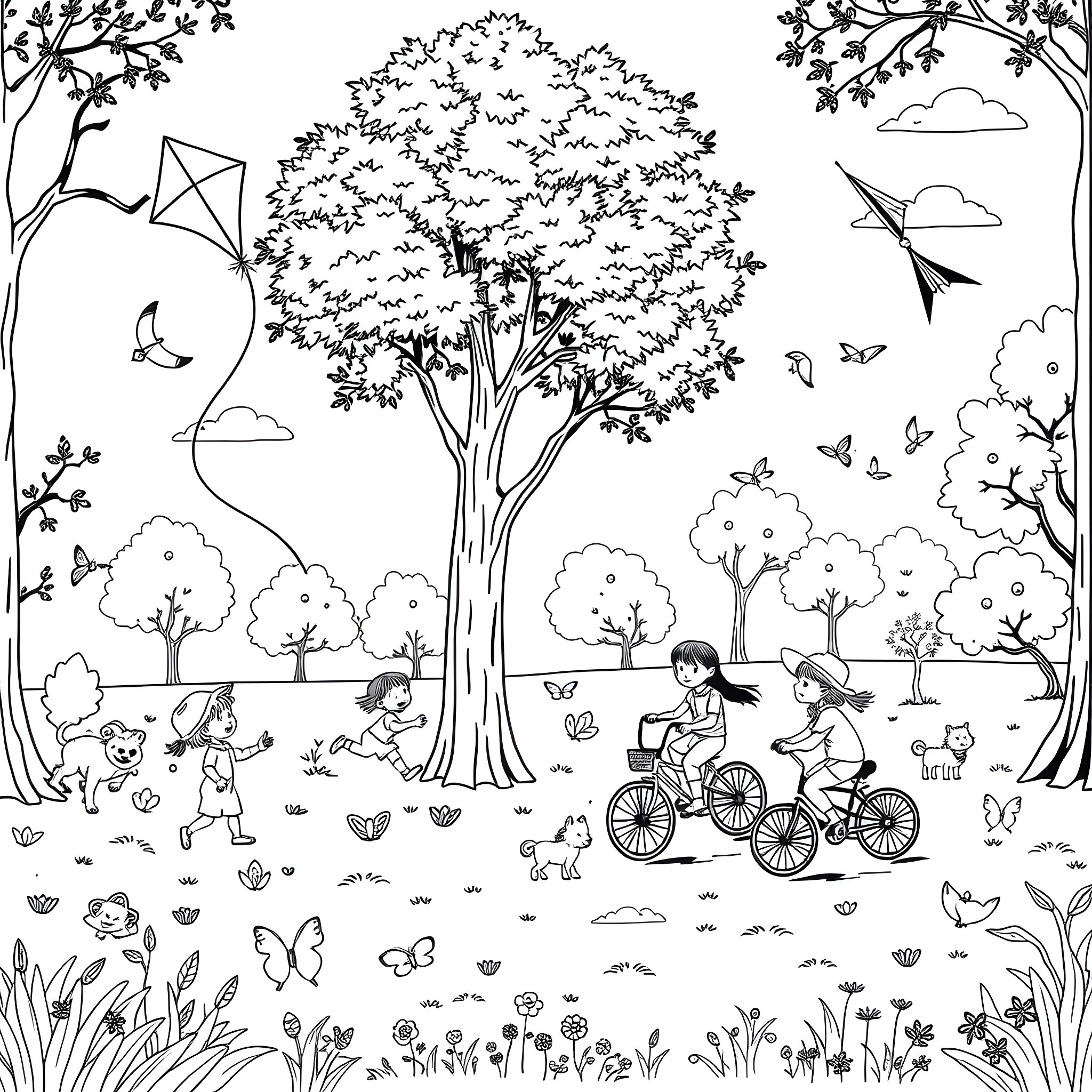 Kids playing outdoors in the park Coloring Page (free black-and-white line drawing printable PDF for all, from beginners to advanced learners, including children, teens, adults, and seniors)