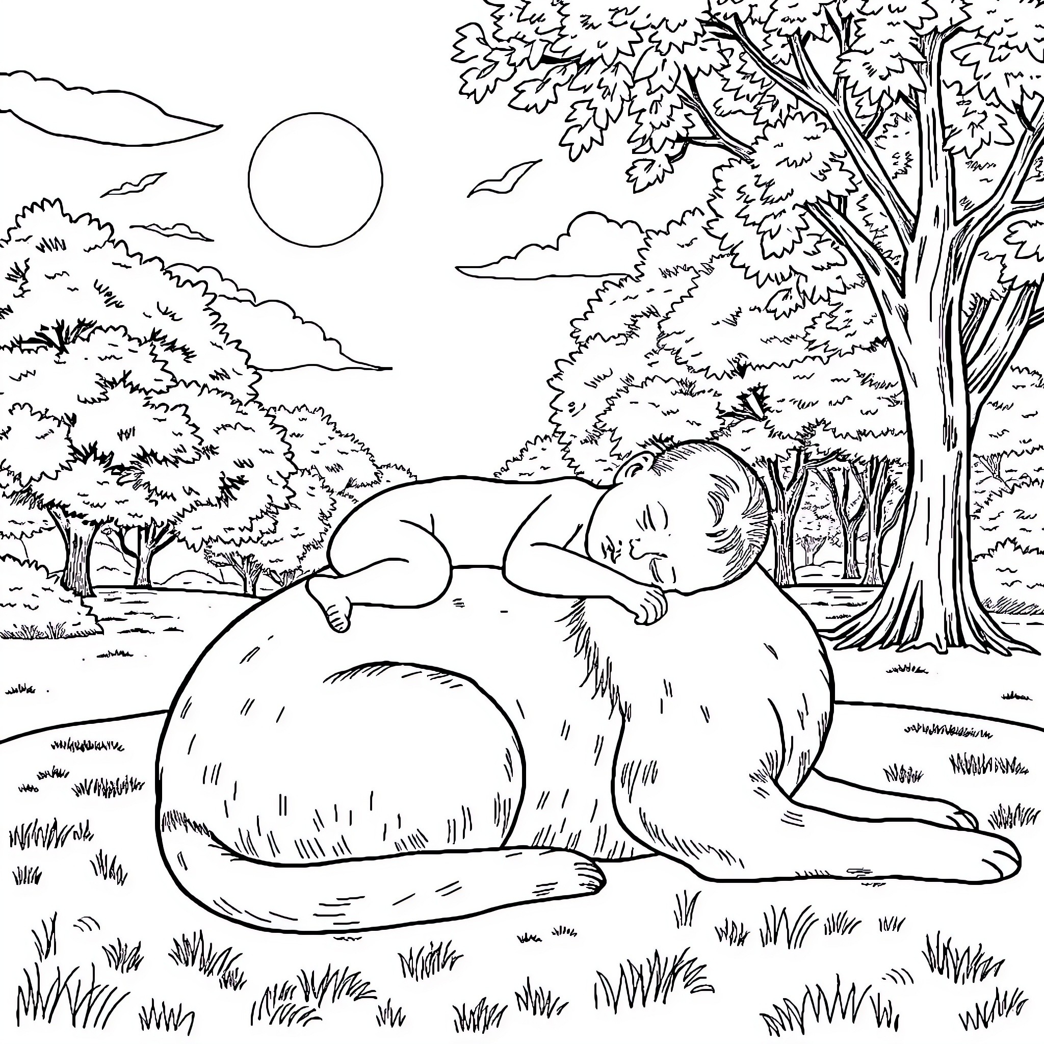 Baby sleeping peacefully on a furry companion Coloring Page (free black-and-white line drawing printable PDF for all, from beginners to advanced learners, including children, teens, adults, and seniors)