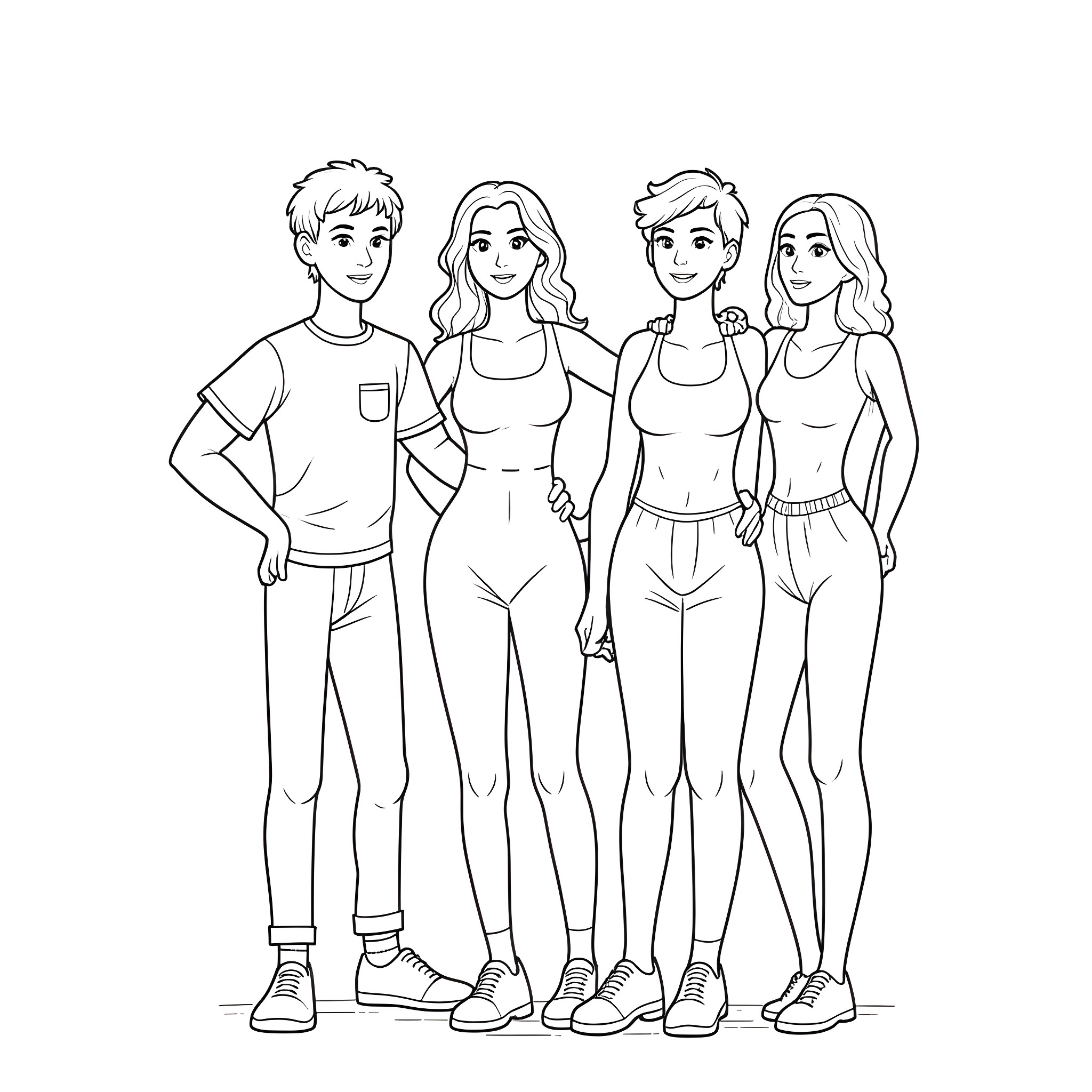 Transgender Teens Celebrating Identity and Friendship Coloring Page (free black-and-white line drawing printable PDF for all, from beginners to advanced learners, including children, teens, adults, and seniors)