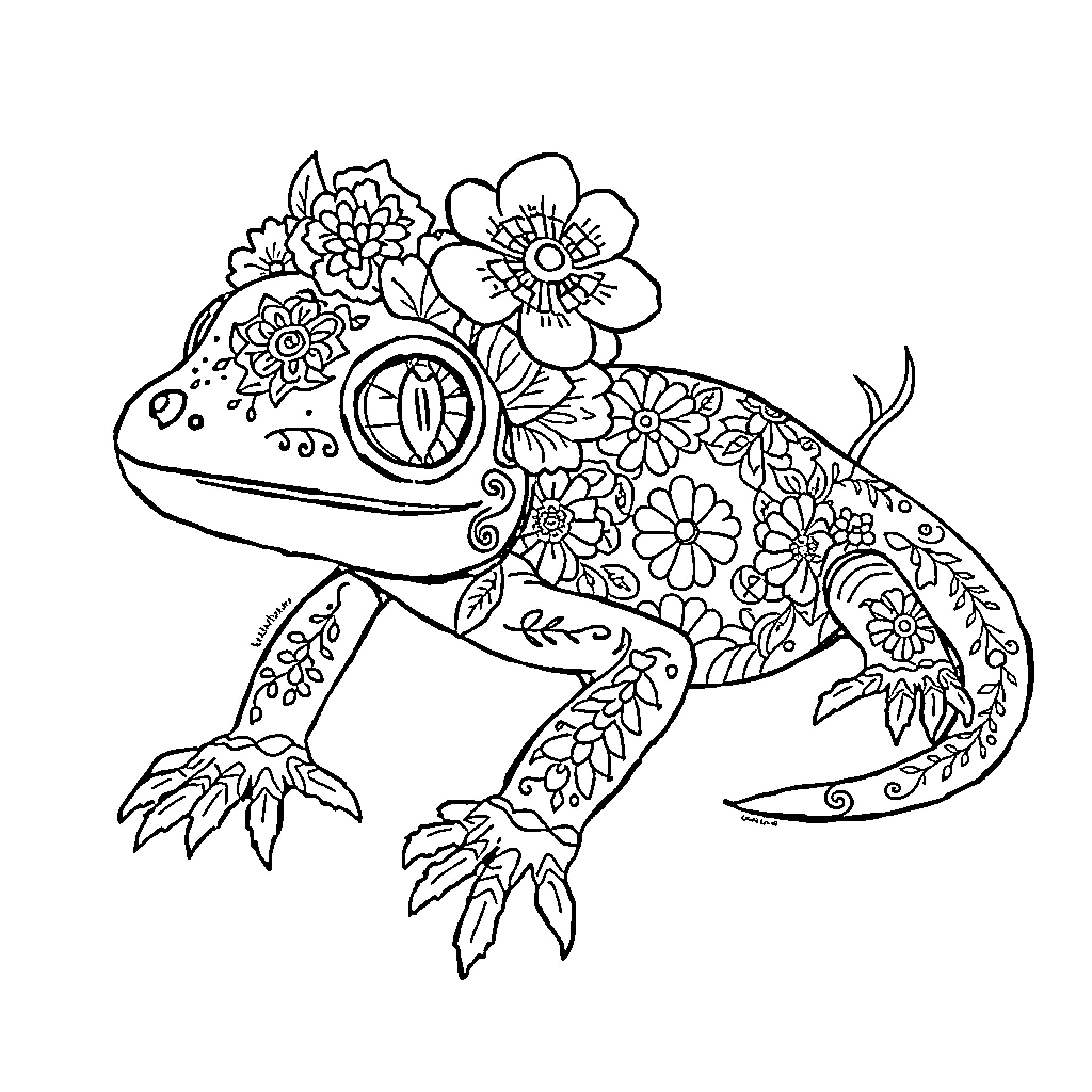 Axolotl surrounded by whimsical floral patterns Coloring Page (free black-and-white line drawing printable PDF for all, from beginners to advanced learners, including children, teens, adults, and seniors)