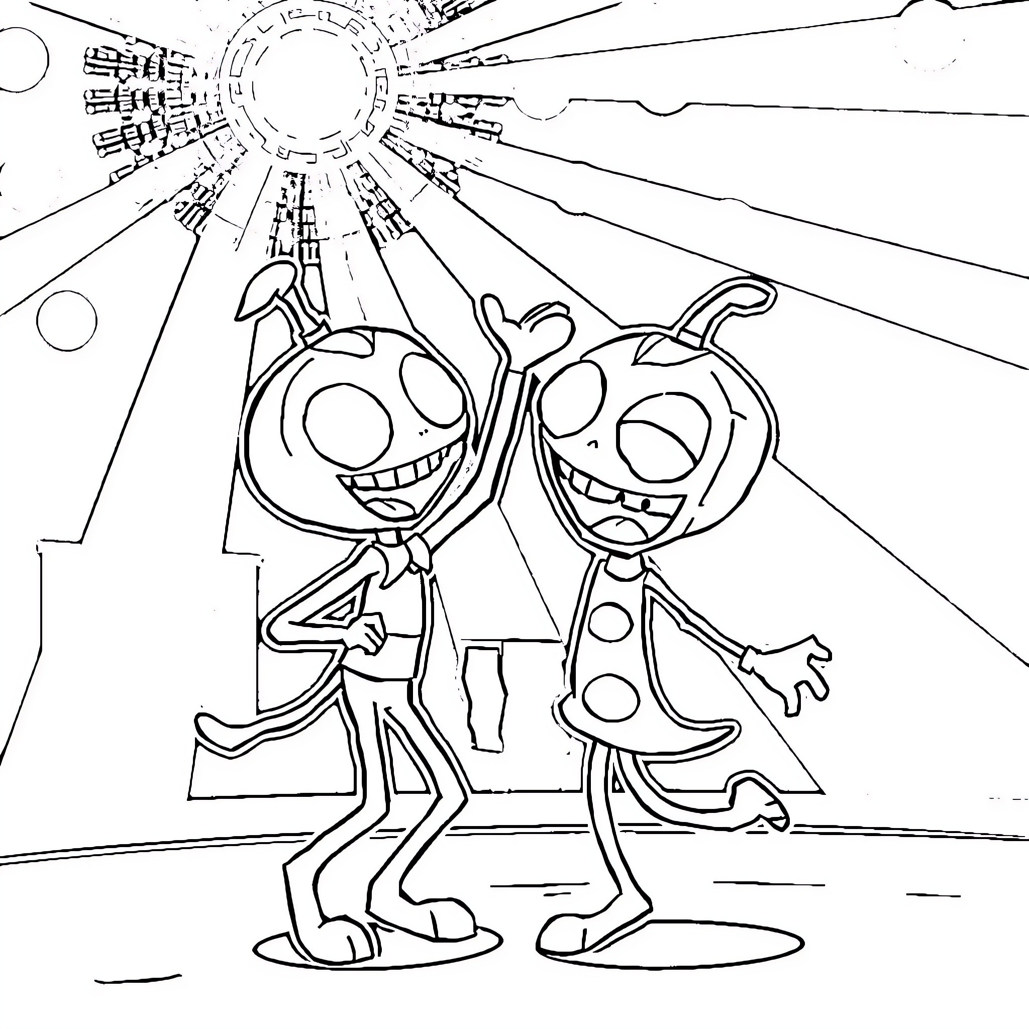 Invader Zim and GIR in a Vibrant Landscape Coloring Page (free black-and-white line drawing printable PDF for all, from beginners to advanced learners, including children, teens, adults, and seniors)