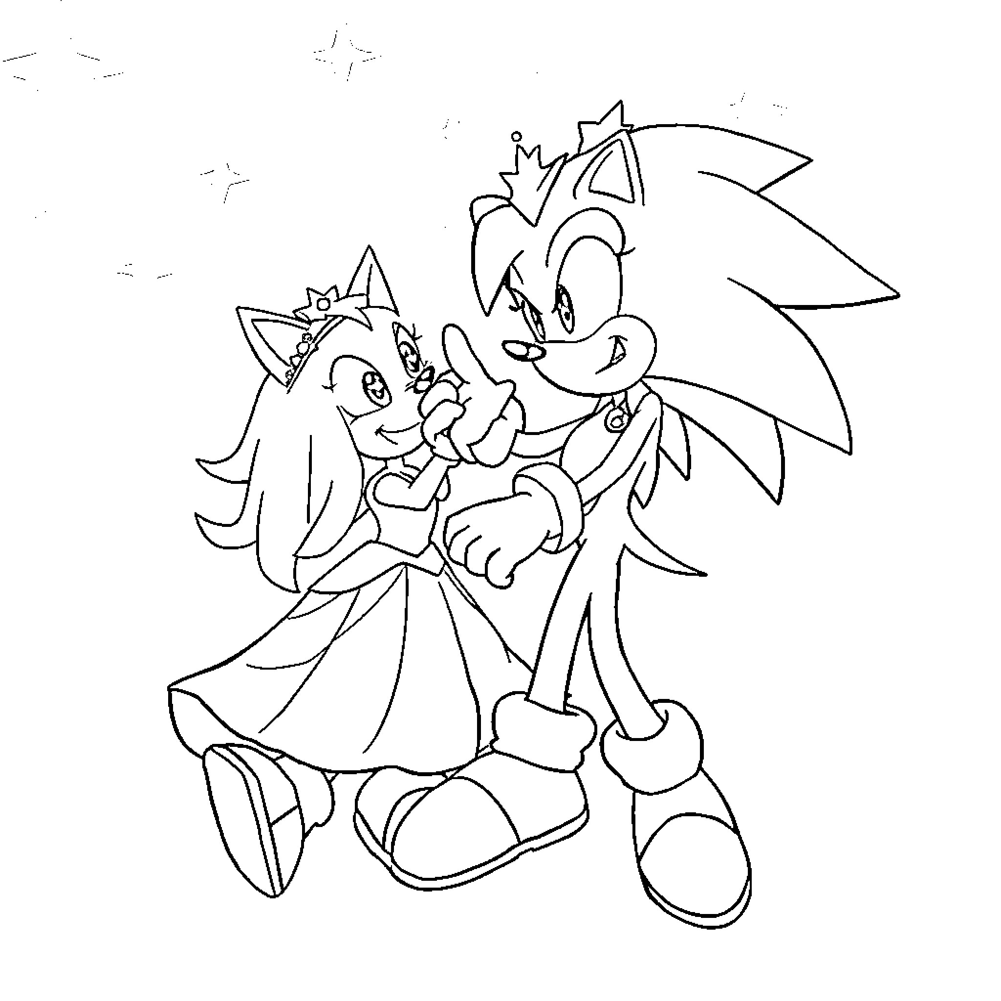 Sonic and companion engaging in playful action Coloring Page (free black-and-white line drawing printable PDF for all, from beginners to advanced learners, including children, teens, adults, and seniors)