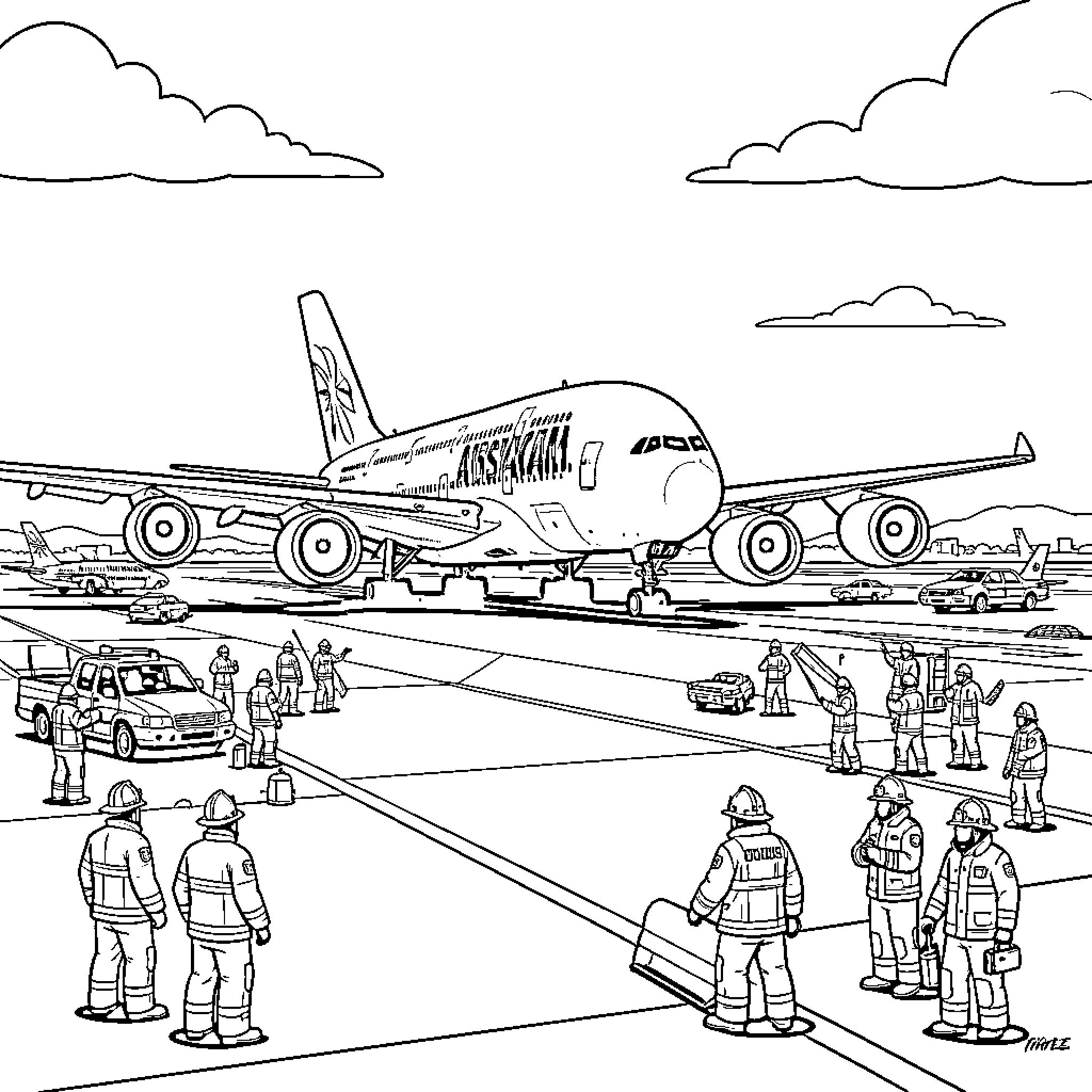 Airbus A380 landing on a runway with ground crew Coloring Page (free black-and-white line drawing printable PDF for all, from beginners to advanced learners, including children, teens, adults, and seniors)