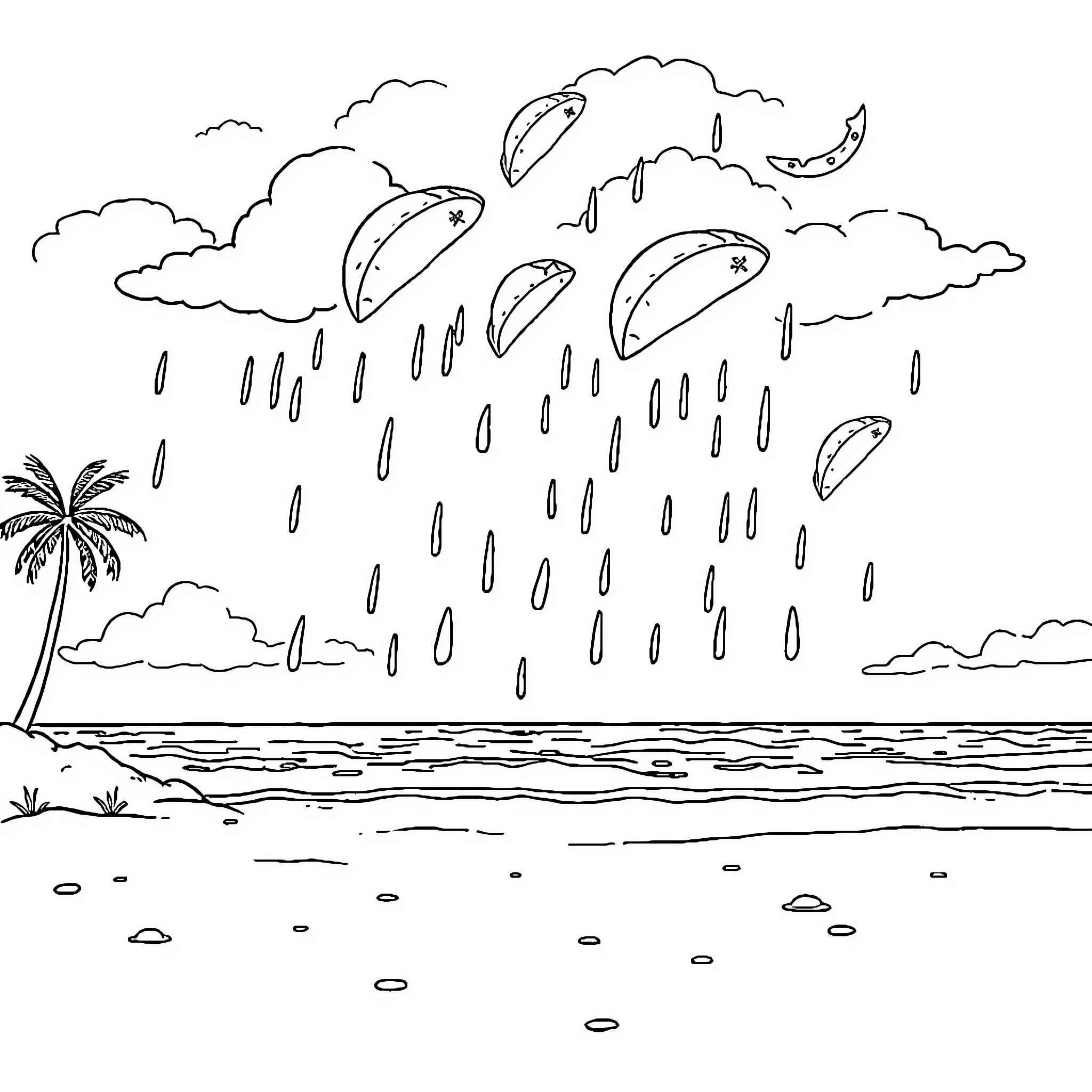 Taco Shower on the Beach Coloring Page (free black-and-white line drawing printable PDF for all, from beginners to advanced learners, including children, teens, adults, and seniors)