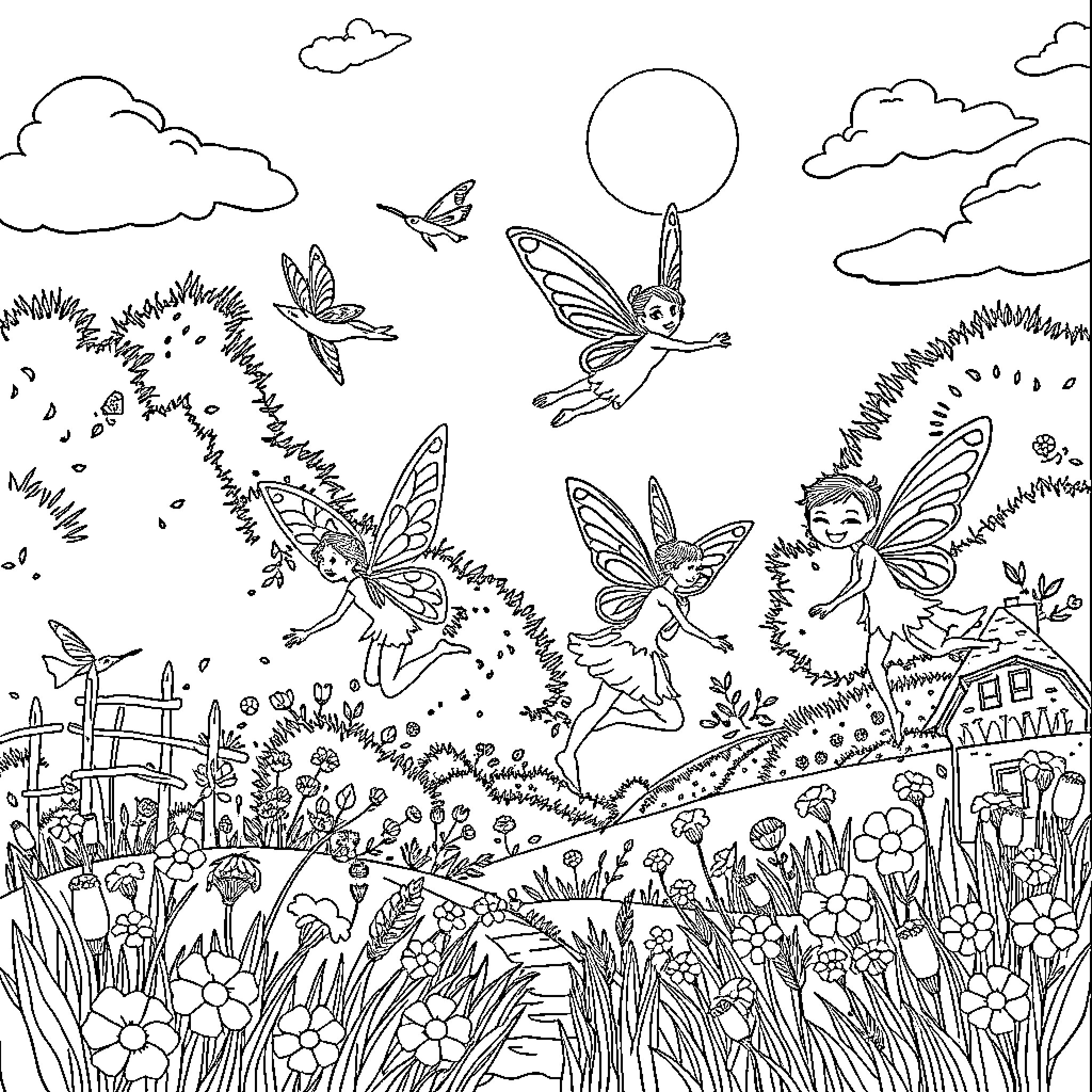 Fairy Frolicking and Flying in Whimsical Landscape Coloring Page (free black-and-white line drawing printable PDF for all, from beginners to advanced learners, including children, teens, adults, and seniors)