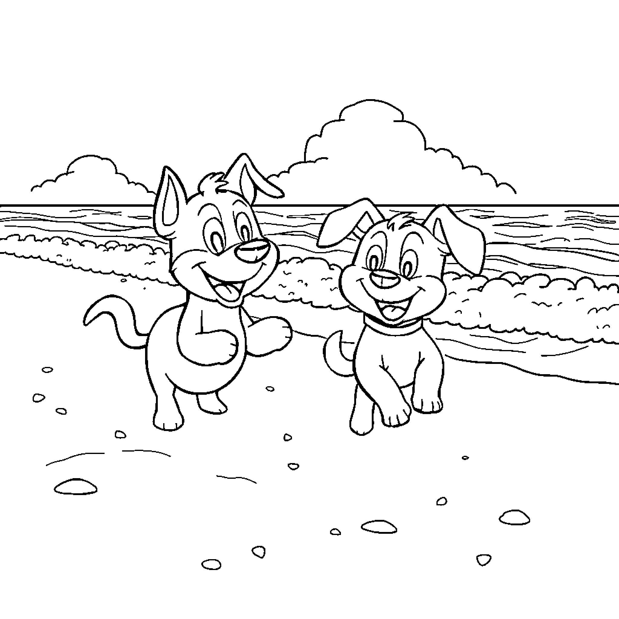 Bluey and Friend Explore the Beach Coloring Page (free black-and-white line drawing printable PDF for all, from beginners to advanced learners, including children, teens, adults, and seniors)