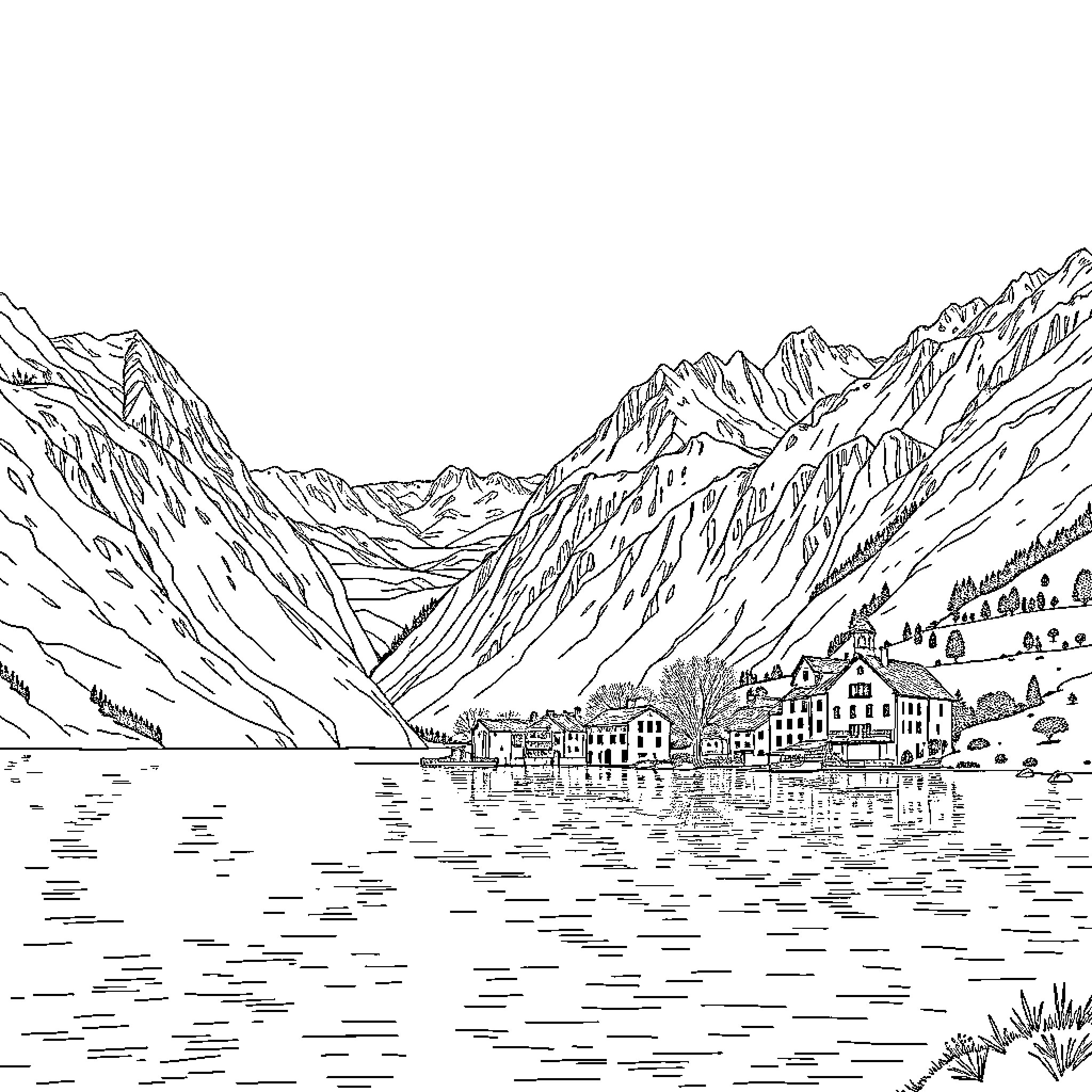 Lake scenic landscape with mountain village Coloring Page (free black-and-white line drawing printable PDF for all, from beginners to advanced learners, including children, teens, adults, and seniors)
