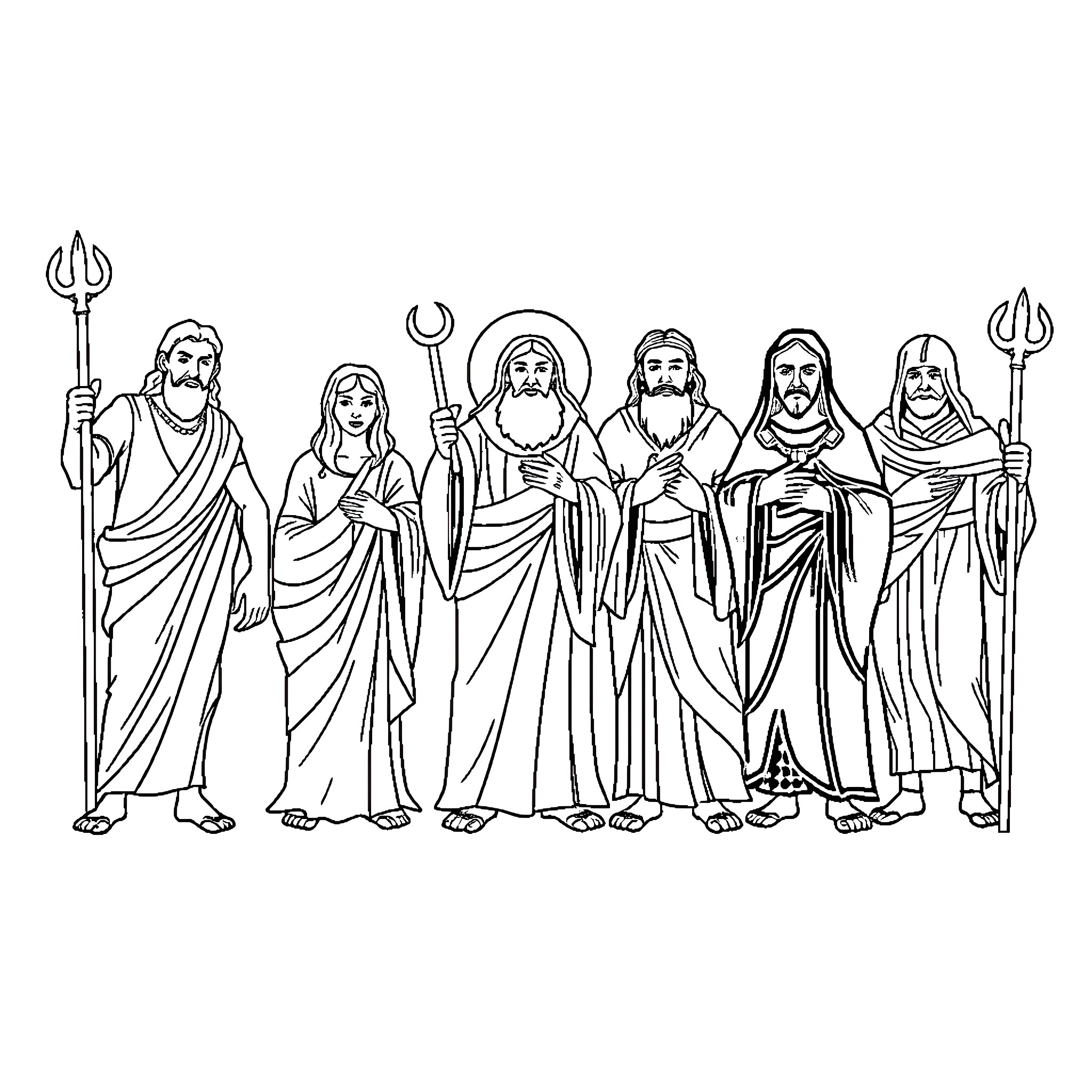 Capital Sins - Figures of Faith and Judgement Coloring Page (free black-and-white line drawing printable PDF for all, from beginners to advanced learners, including children, teens, adults, and seniors)