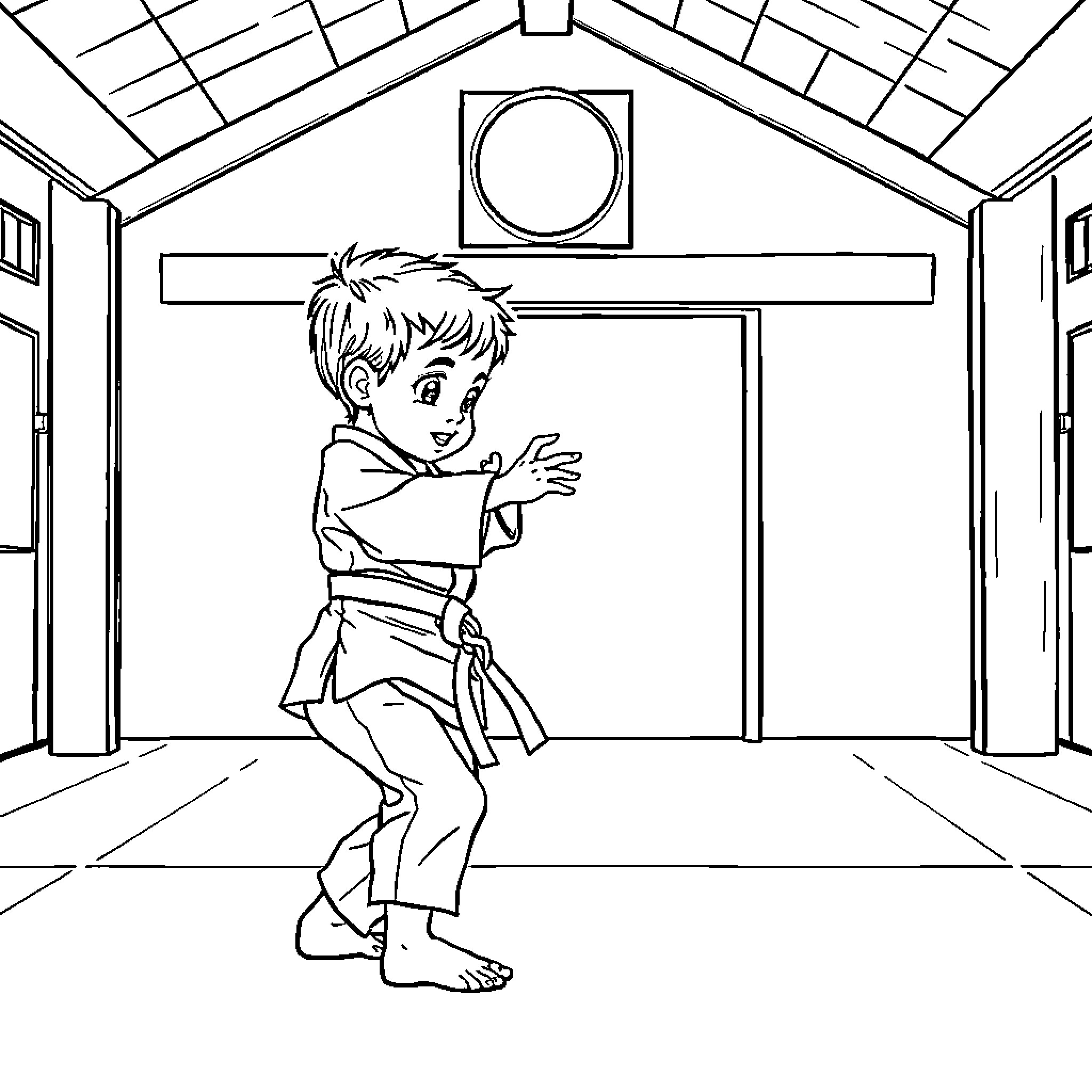 Karate Boy Performing Martial Arts Moves Coloring Page (free black-and-white line drawing printable PDF for all, from beginners to advanced learners, including children, teens, adults, and seniors)