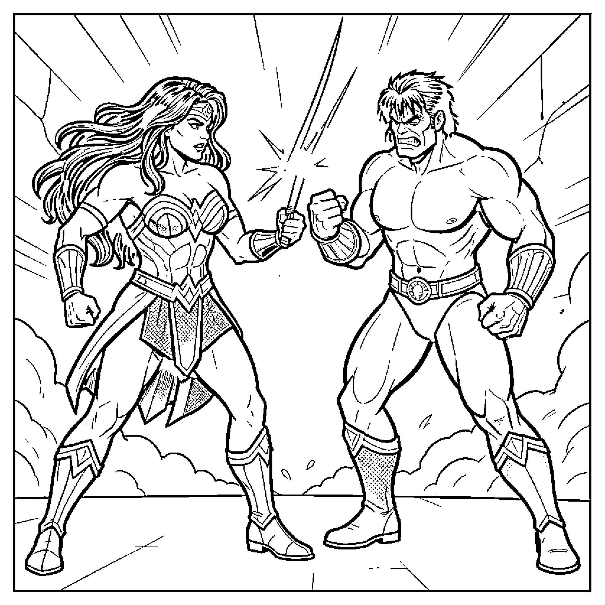 Wonder Woman and Superhero Clash in Epic Battle Coloring Page (free black-and-white line drawing printable PDF for all, from beginners to advanced learners, including children, teens, adults, and seniors)