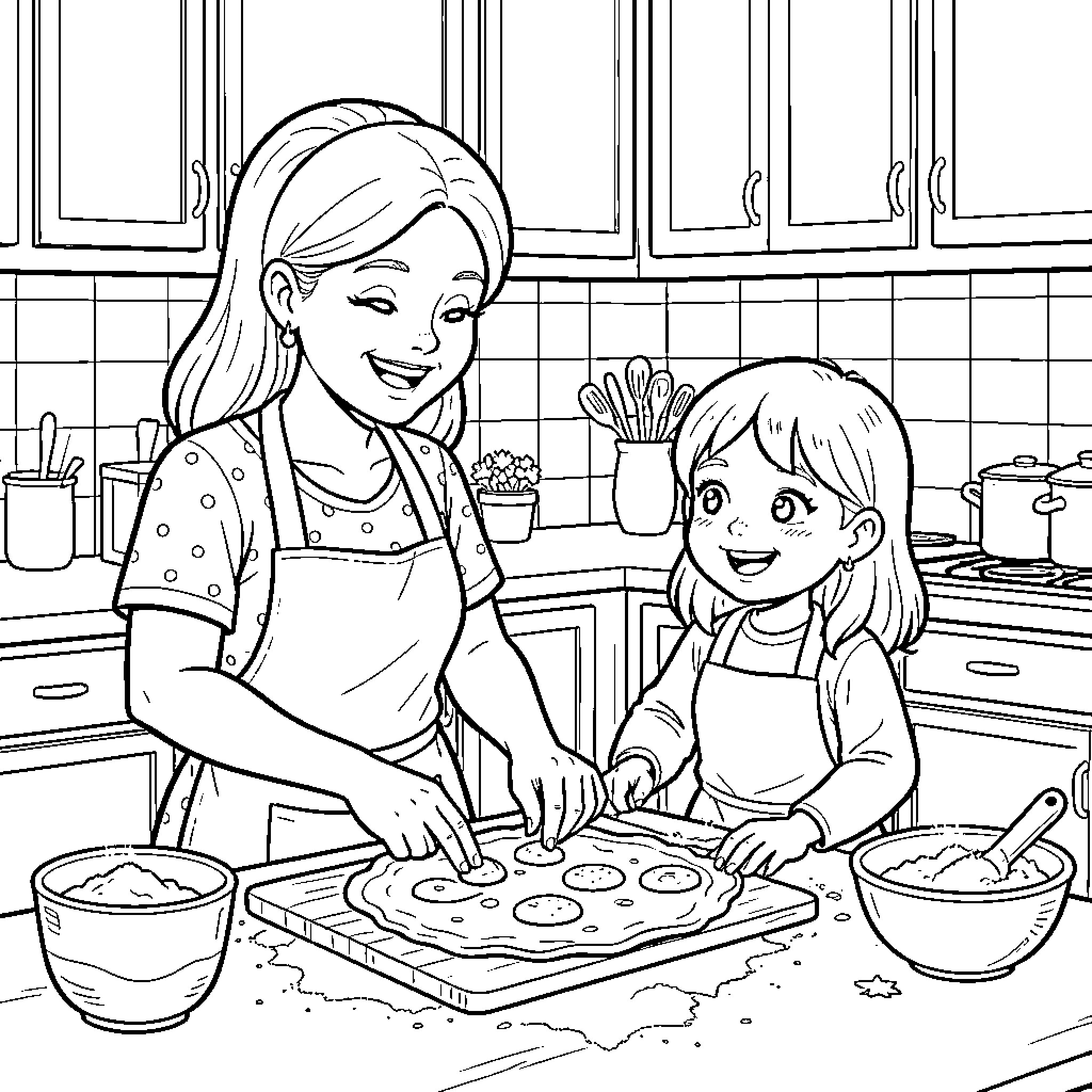 Mama and Daughter Baking Together in the Kitchen Coloring Page (free black-and-white line drawing printable PDF for all, from beginners to advanced learners, including children, teens, adults, and seniors)