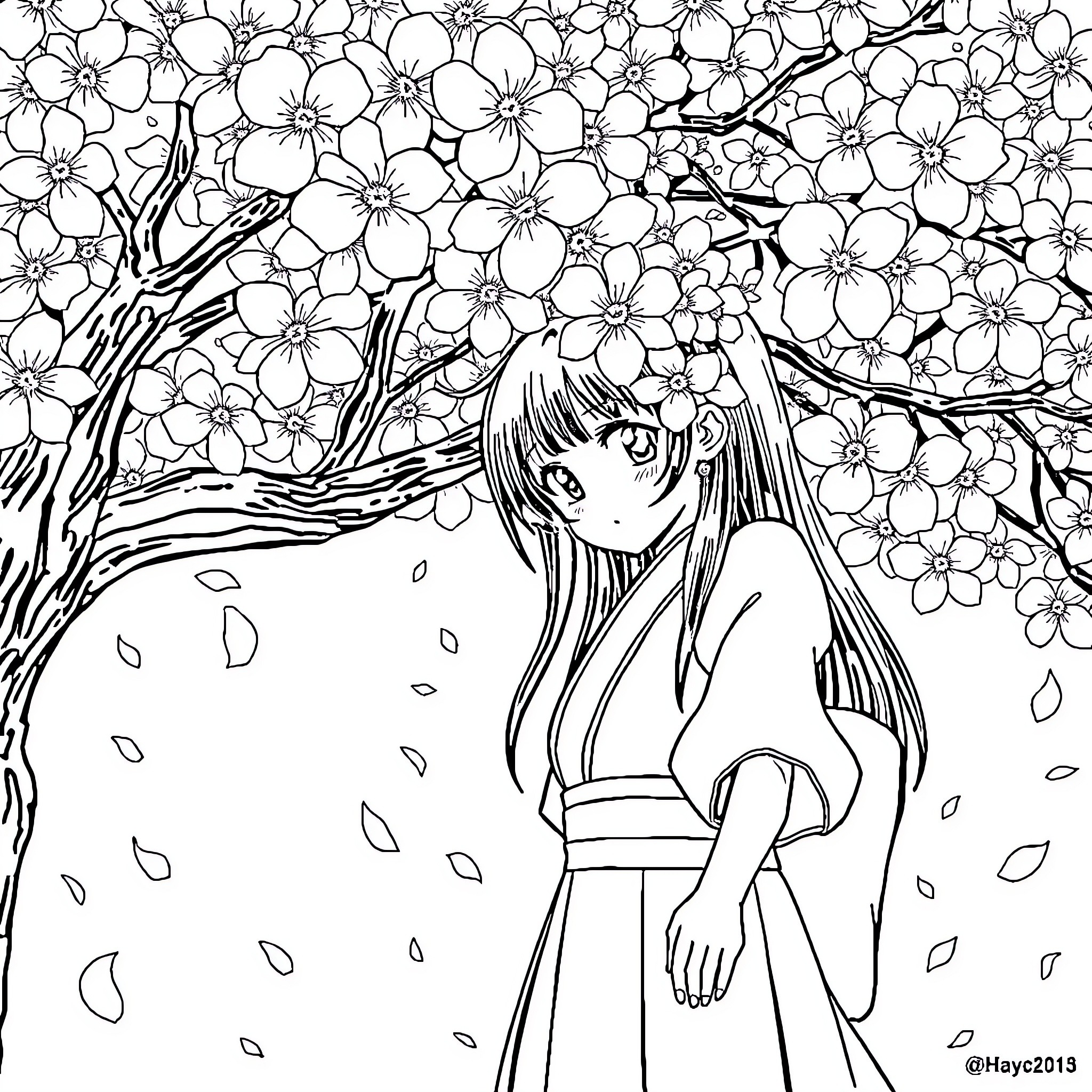 Nezuko admiring the blooming cherry blossoms Coloring Page (free black-and-white line drawing printable PDF for all, from beginners to advanced learners, including children, teens, adults, and seniors)