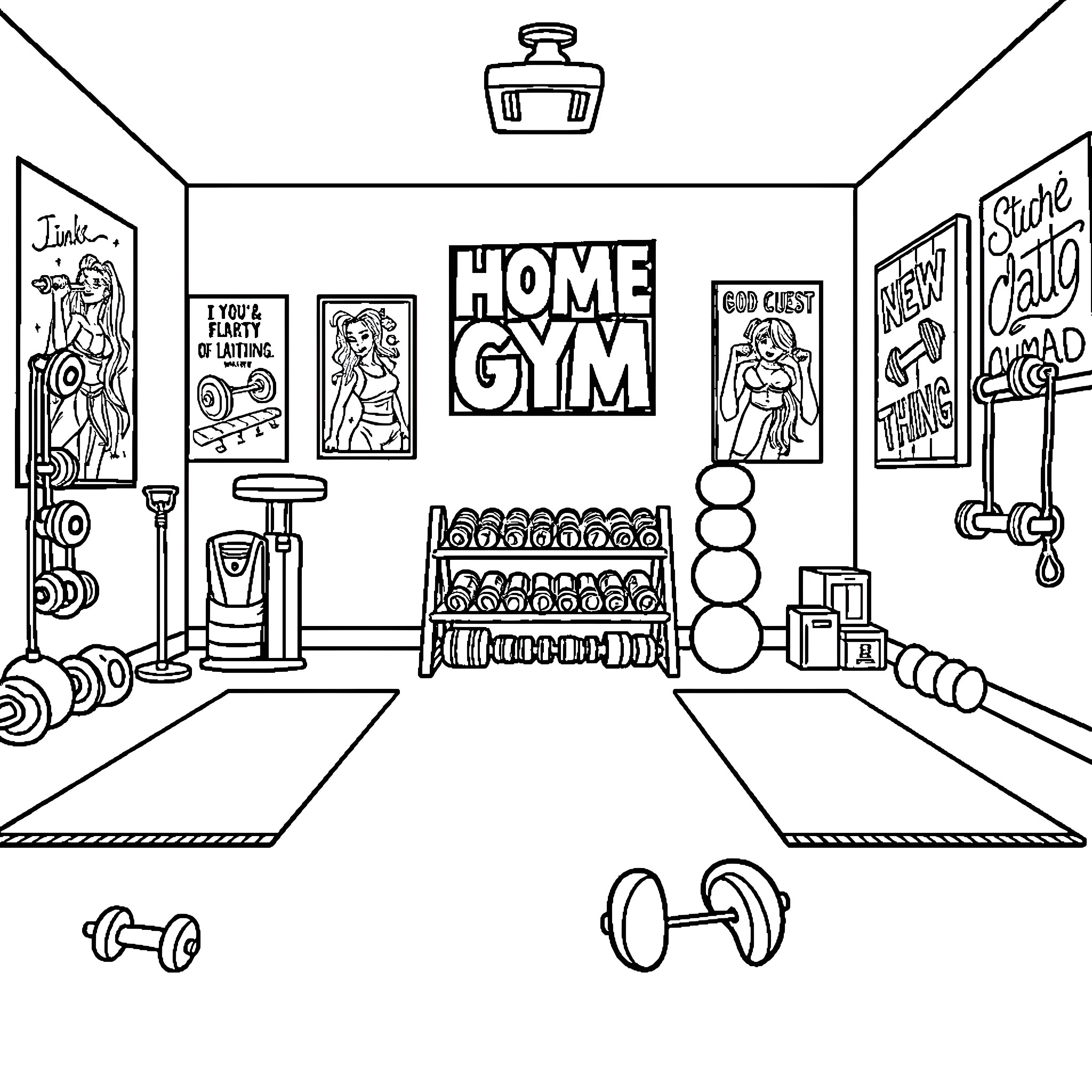 Home Gym with Workout Equipment and Motivational Posters Coloring Page (free black-and-white line drawing printable PDF for all, from beginners to advanced learners, including children, teens, adults, and seniors)
