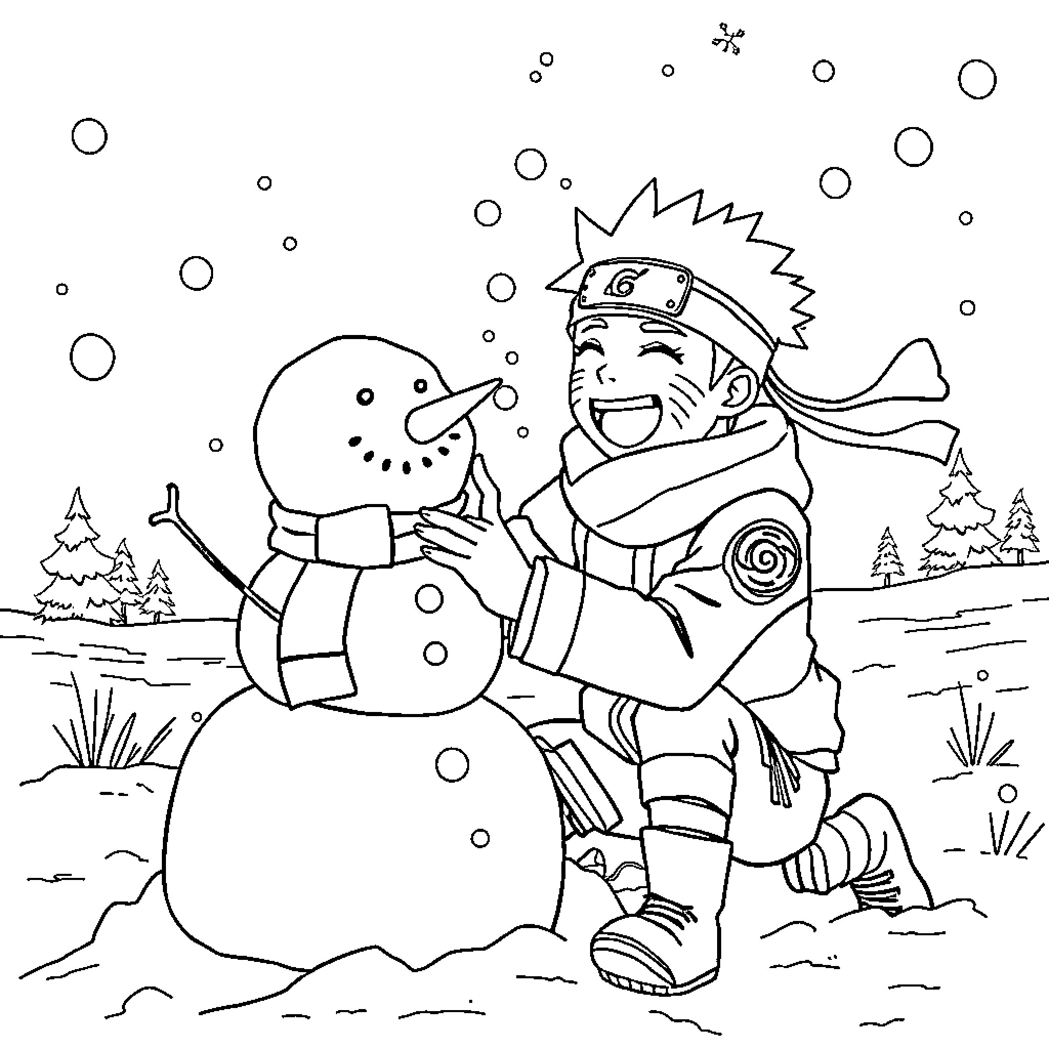 Naruto Building a Friendly Snowman in the Winter Wonderland Coloring Page (free black-and-white line drawing printable PDF for all, from beginners to advanced learners, including children, teens, adults, and seniors)