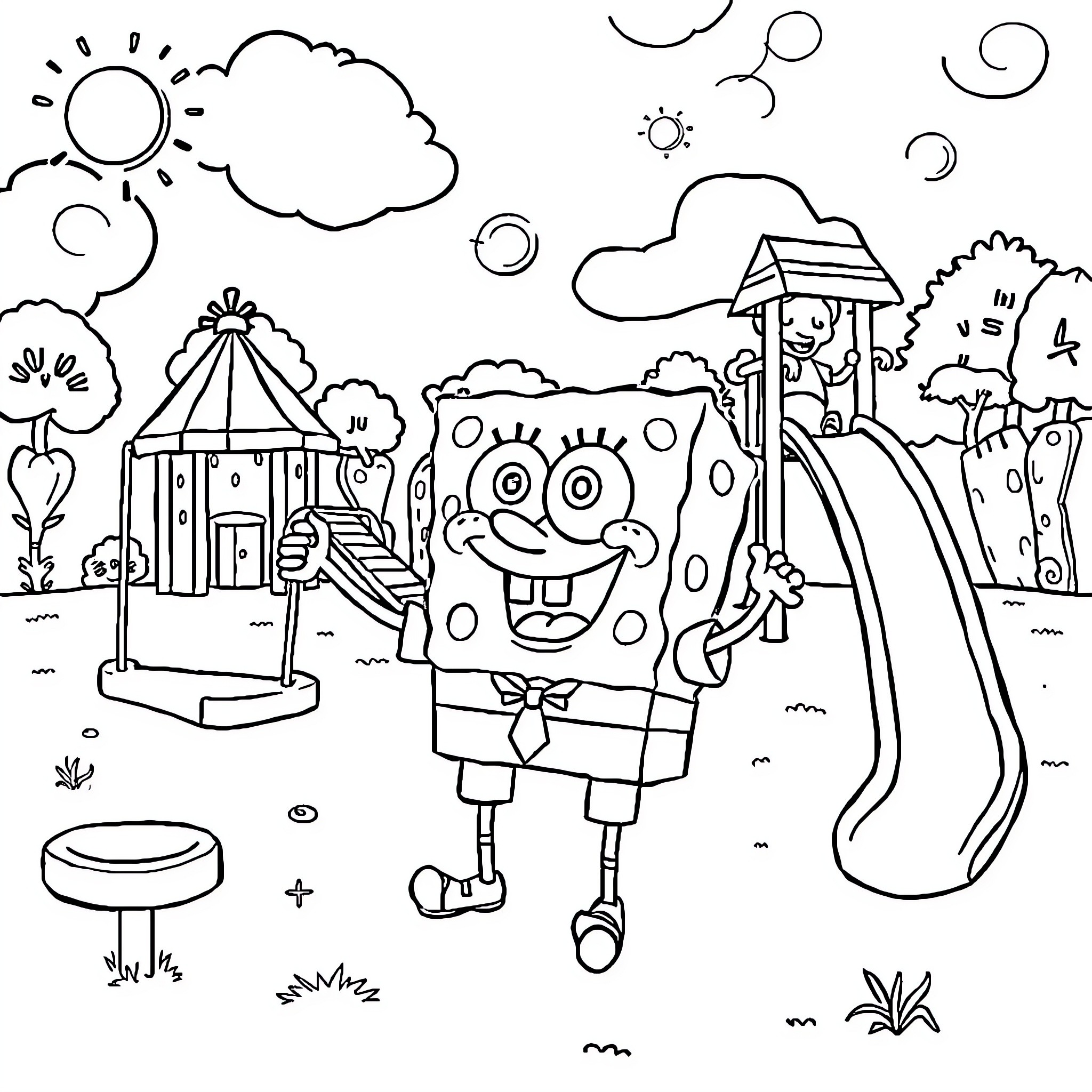 Spongebob enjoys a fun day at the carnival Coloring Page (free black-and-white line drawing printable PDF for all, from beginners to advanced learners, including children, teens, adults, and seniors)