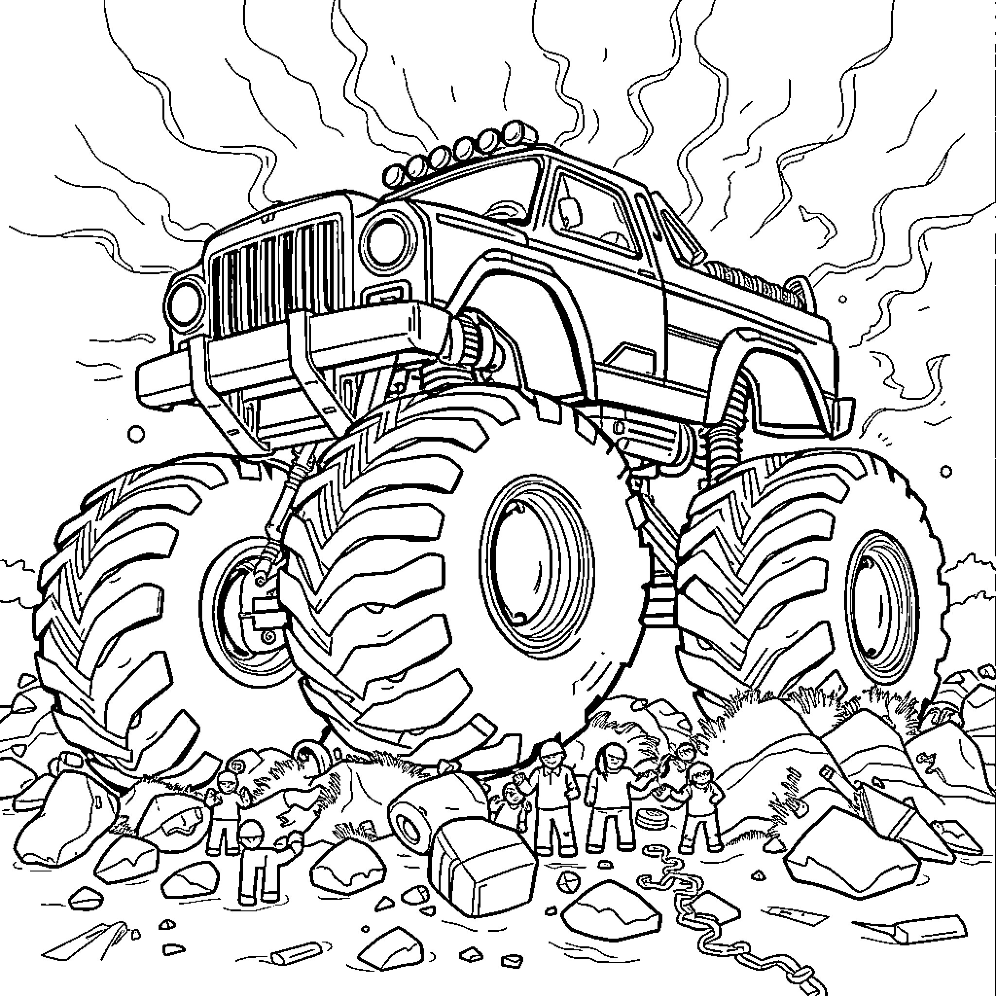 Monster Truck Crushing Obstacles in Muddy Terrain Coloring Page (free black-and-white line drawing printable PDF for all, from beginners to advanced learners, including children, teens, adults, and seniors)