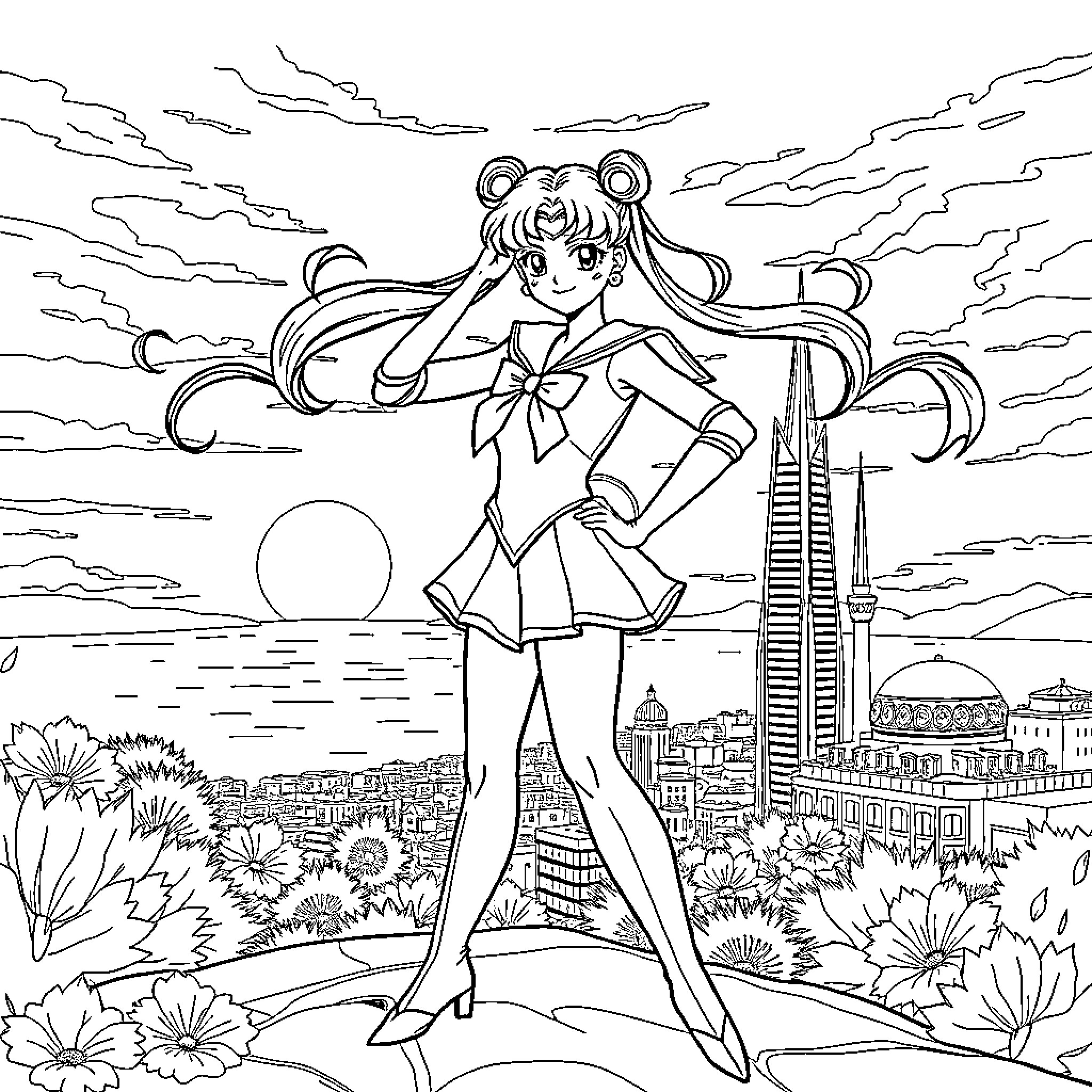 Sailor Moon Embracing the Cityscape Coloring Page (free black-and-white line drawing printable PDF for all, from beginners to advanced learners, including children, teens, adults, and seniors)