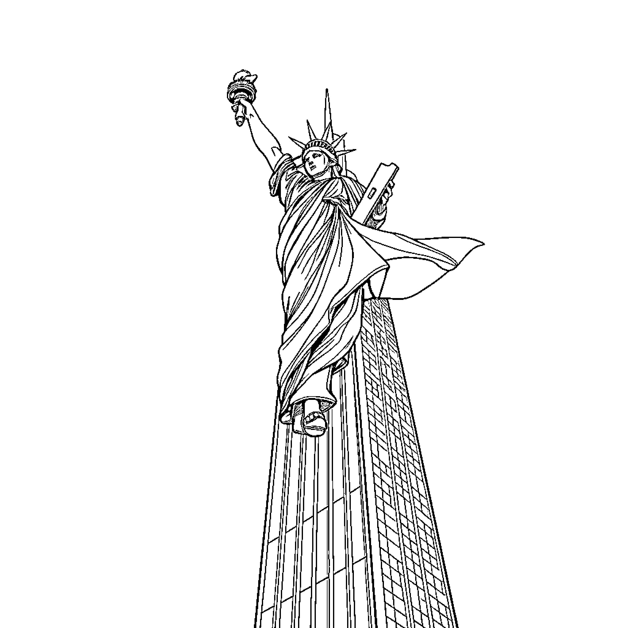 Statue Of Liberty Holding Torch Amidst Skyscrapers Coloring Page (free black-and-white line drawing printable PDF for all, from beginners to advanced learners, including children, teens, adults, and seniors)