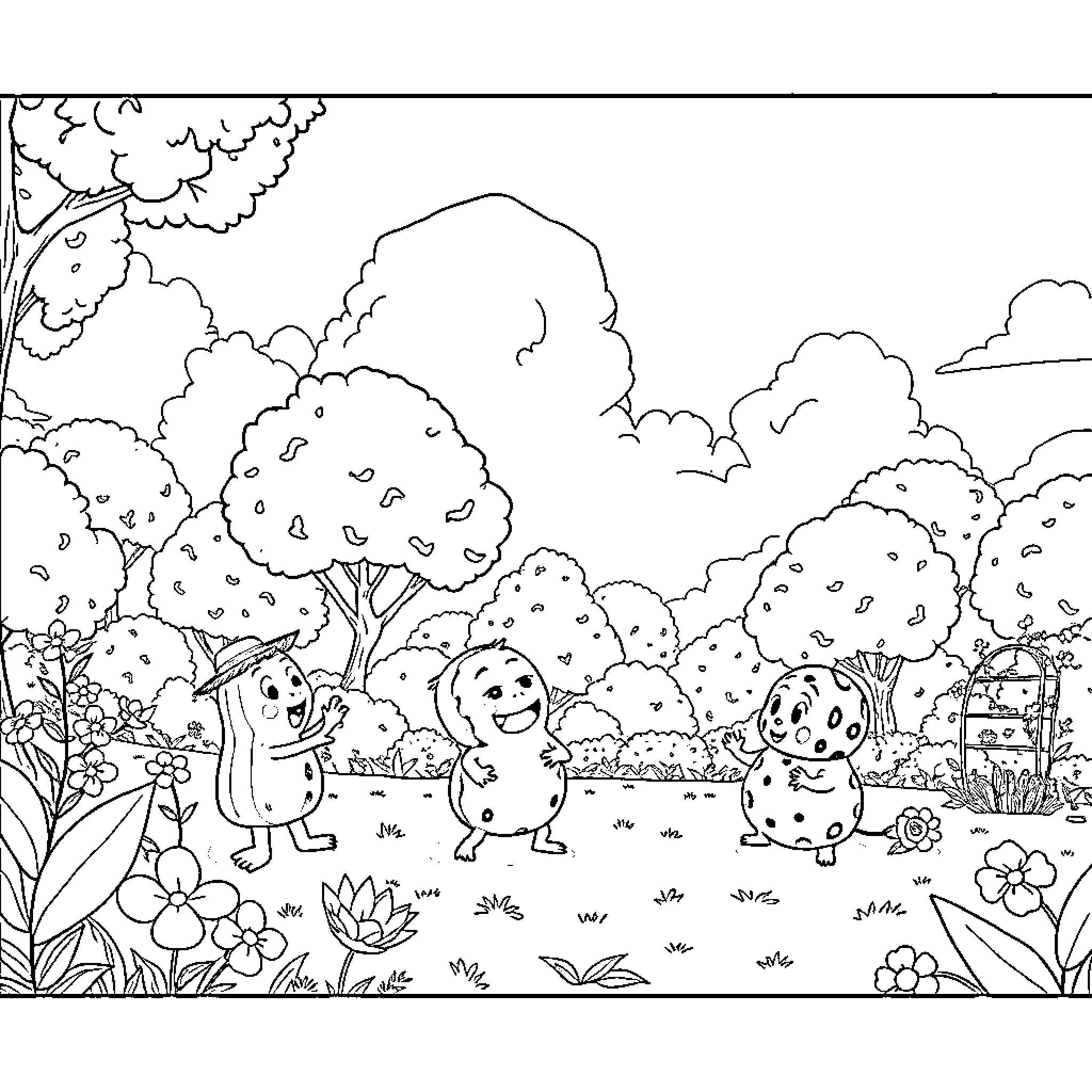 Cocomelon characters playing in a cheerful outdoor scene Coloring Page (free black-and-white line drawing printable PDF for all, from beginners to advanced learners, including children, teens, adults, and seniors)