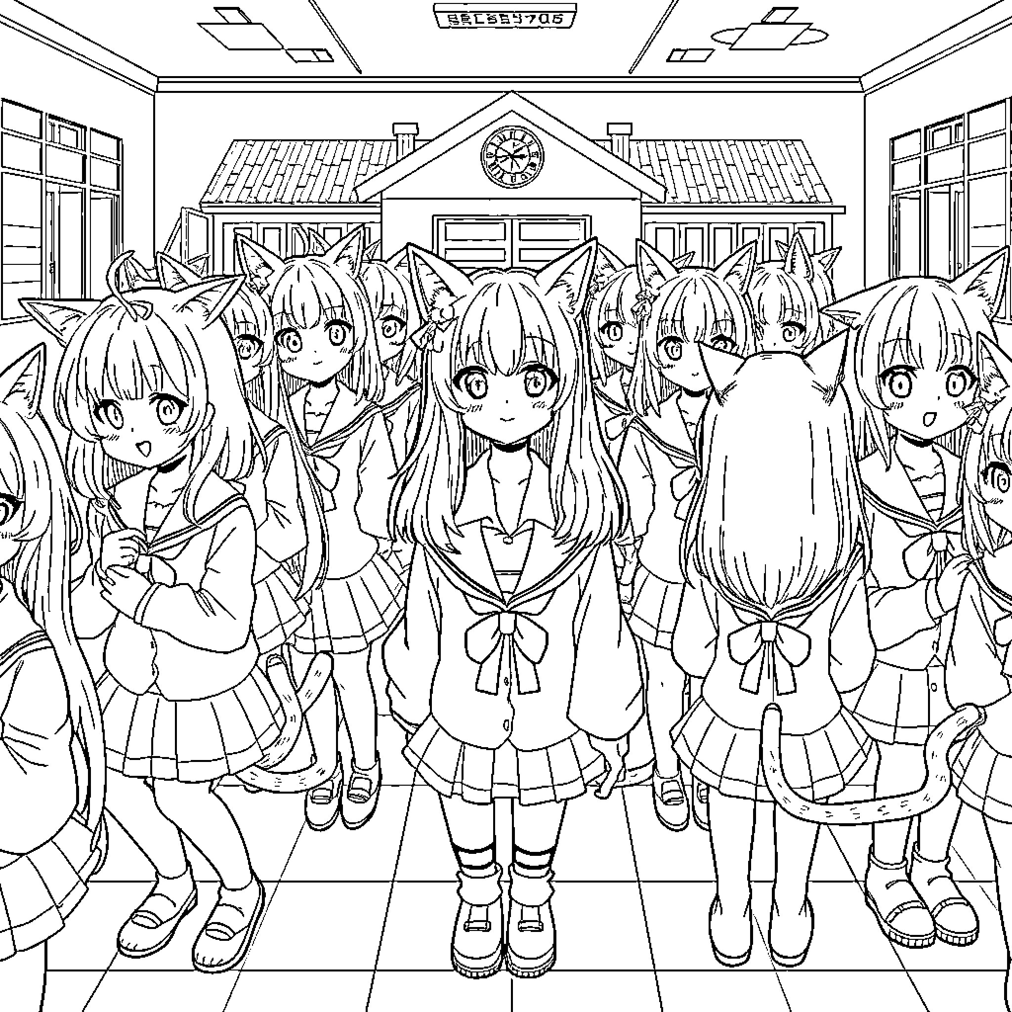 Catgirl students at school Coloring Page (free black-and-white line drawing printable PDF for all, from beginners to advanced learners, including children, teens, adults, and seniors)
