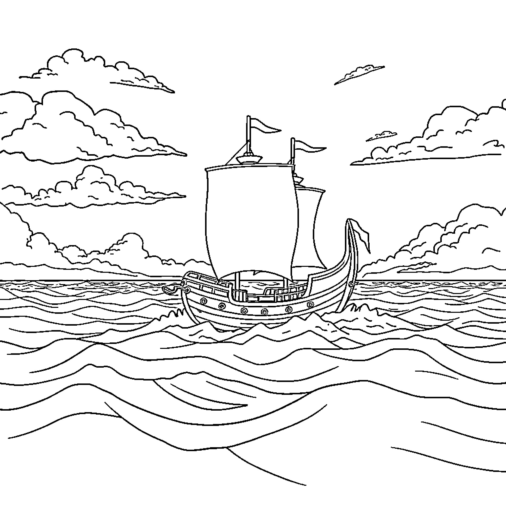 Legend of the Seafaring Viking Ship Coloring Page (free black-and-white line drawing printable PDF for all, from beginners to advanced learners, including children, teens, adults, and seniors)