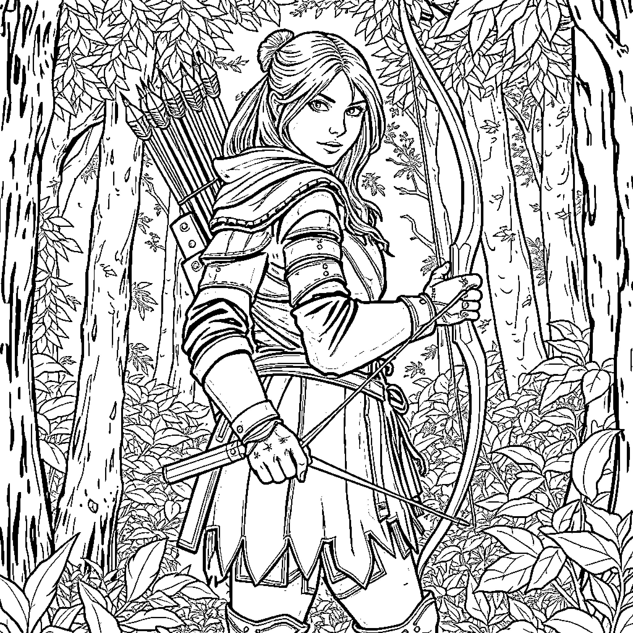 Ranger exploring the lush forest with bow and arrow Coloring Page (free black-and-white line drawing printable PDF for all, from beginners to advanced learners, including children, teens, adults, and seniors)