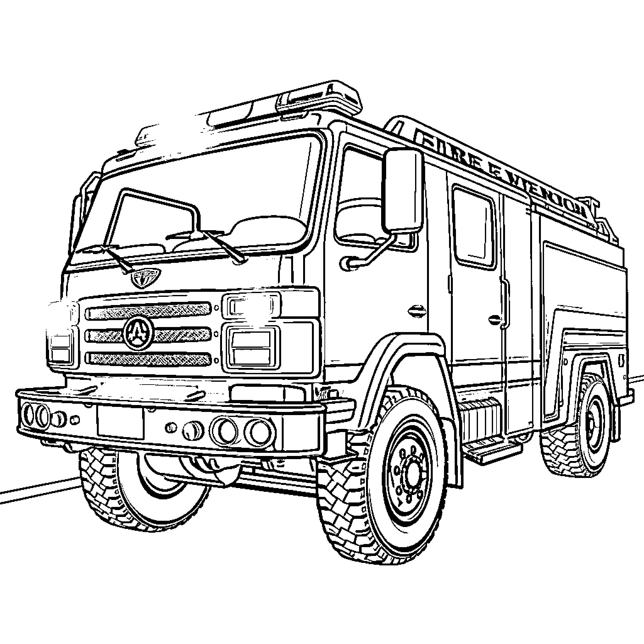 Fire Truck equipped for emergency response Coloring Page (free black-and-white line drawing printable PDF for all, from beginners to advanced learners, including children, teens, adults, and seniors)