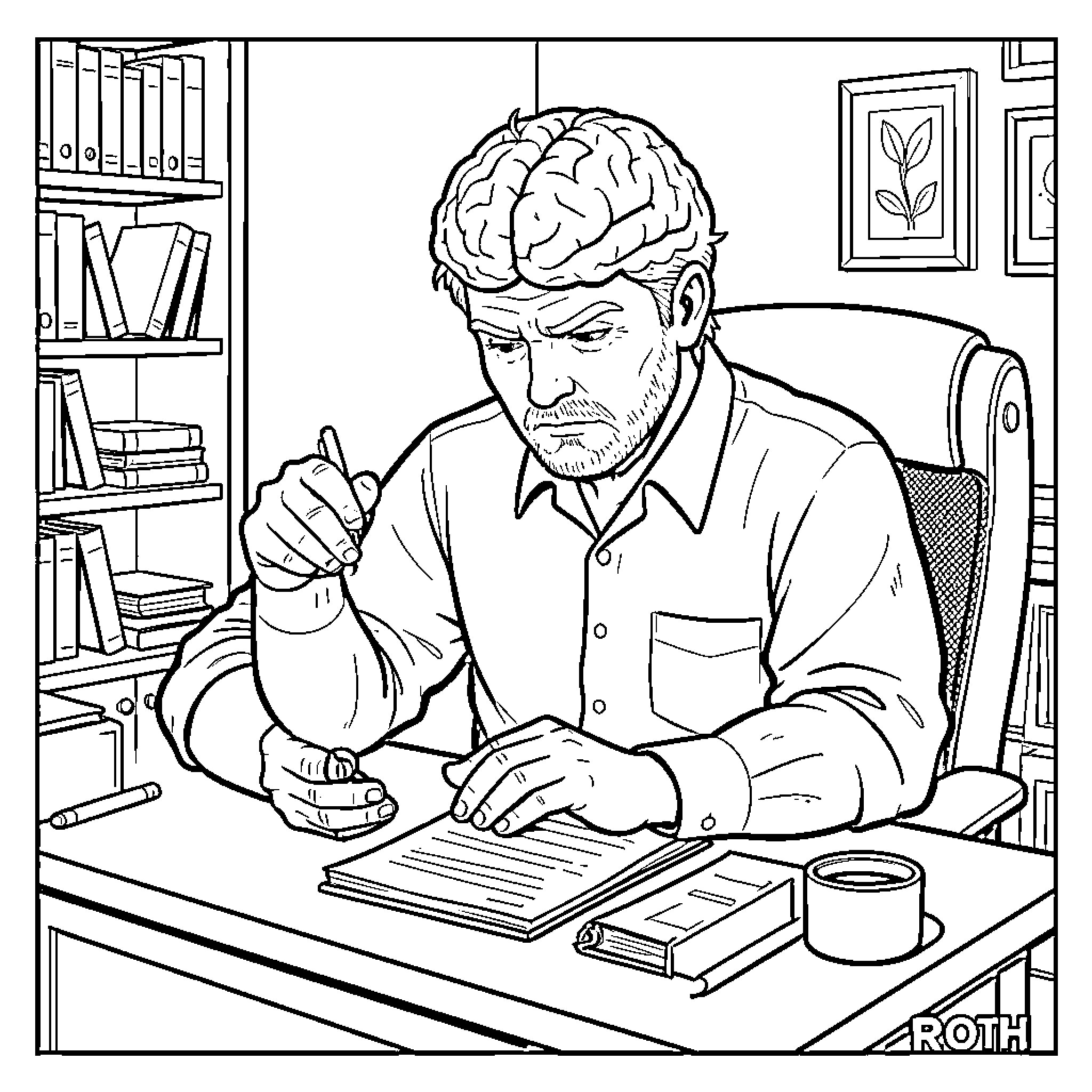 Brain intensely concentrating while writing at a desk Coloring Page (free black-and-white line drawing printable PDF for all, from beginners to advanced learners, including children, teens, adults, and seniors)