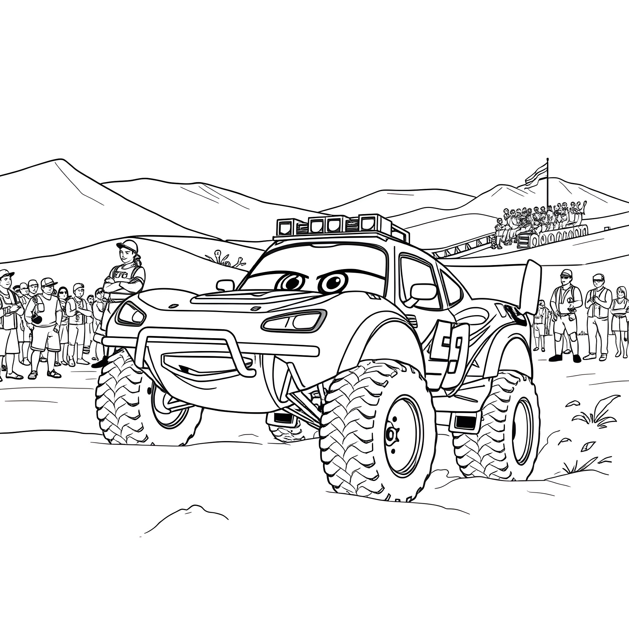 Lightning McQueen's Monster Truck Adventure Coloring Page (free black-and-white line drawing printable PDF for all, from beginners to advanced learners, including children, teens, adults, and seniors)
