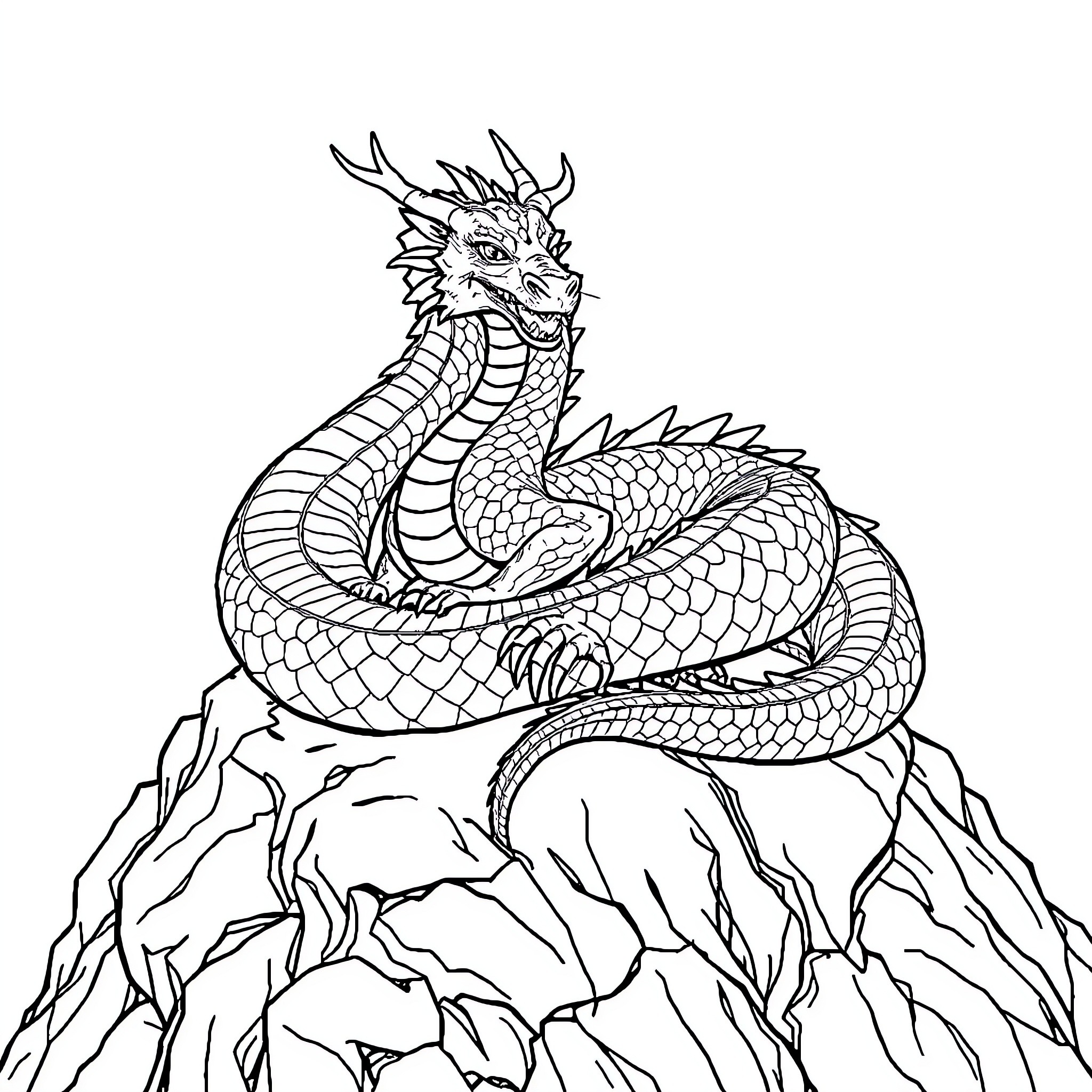 Dragon coiled atop a rocky mountain Coloring Page (free black-and-white line drawing printable PDF for all, from beginners to advanced learners, including children, teens, adults, and seniors)