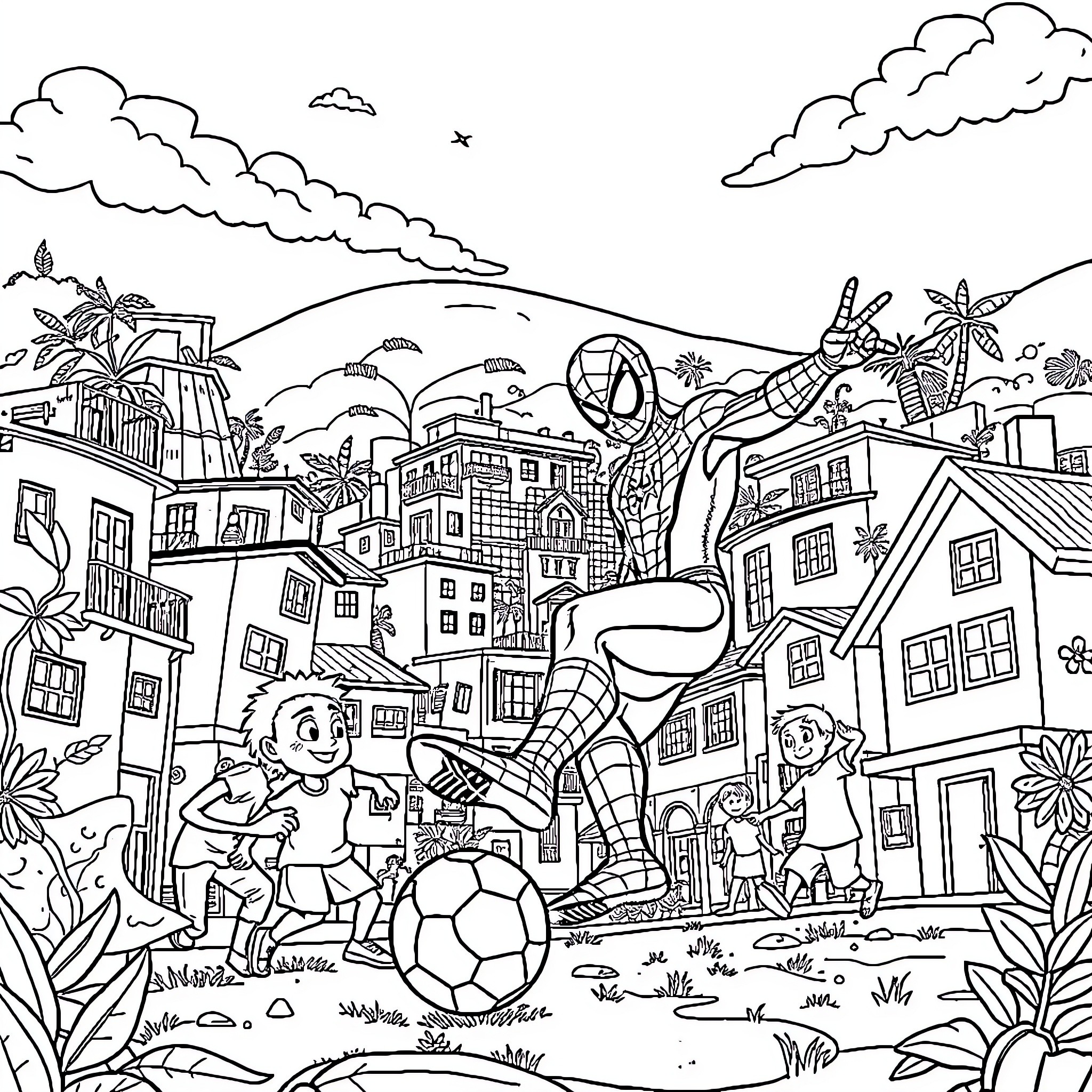Spiderman swinging through the vibrant city scene Coloring Page (free black-and-white line drawing printable PDF for all, from beginners to advanced learners, including children, teens, adults, and seniors)