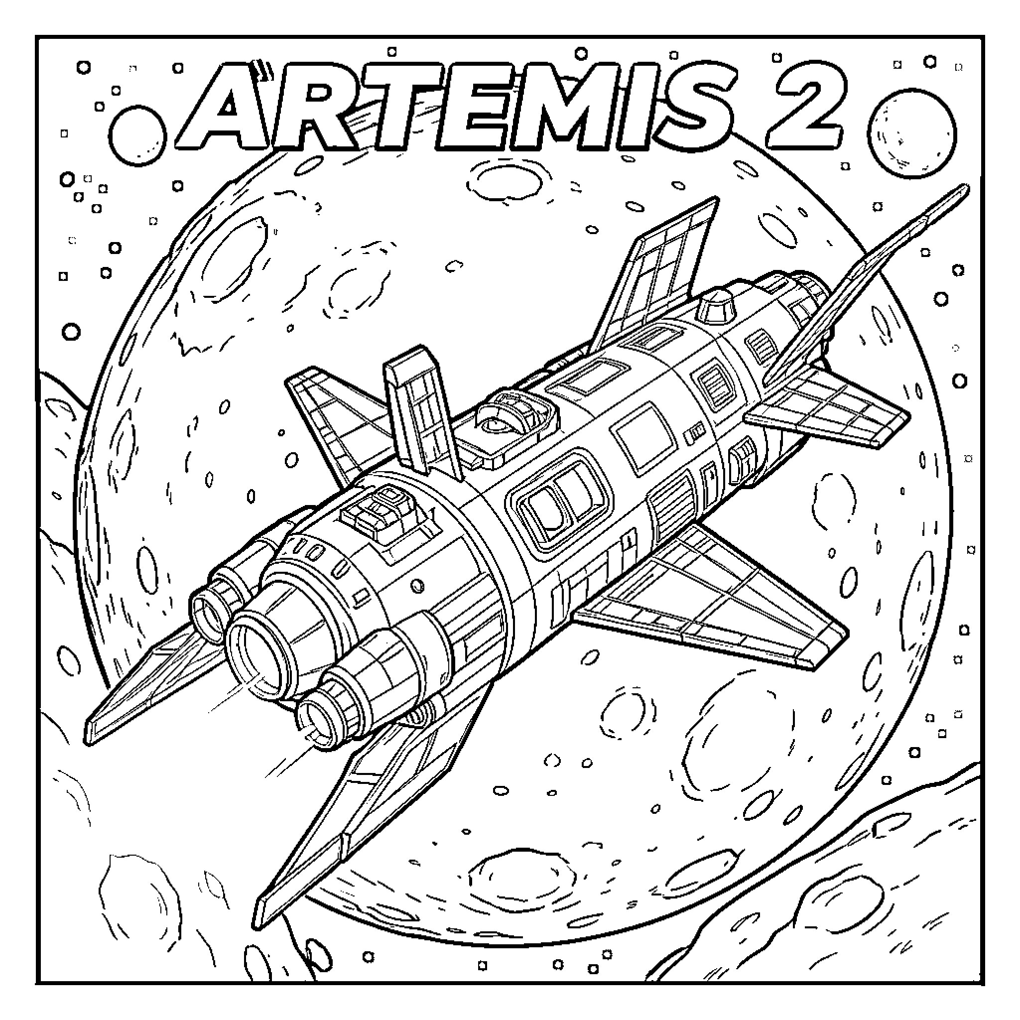 Artemis 2 Spacecraft Exploring the Cosmos Coloring Page (free black-and-white line drawing printable PDF for all, from beginners to advanced learners, including children, teens, adults, and seniors)