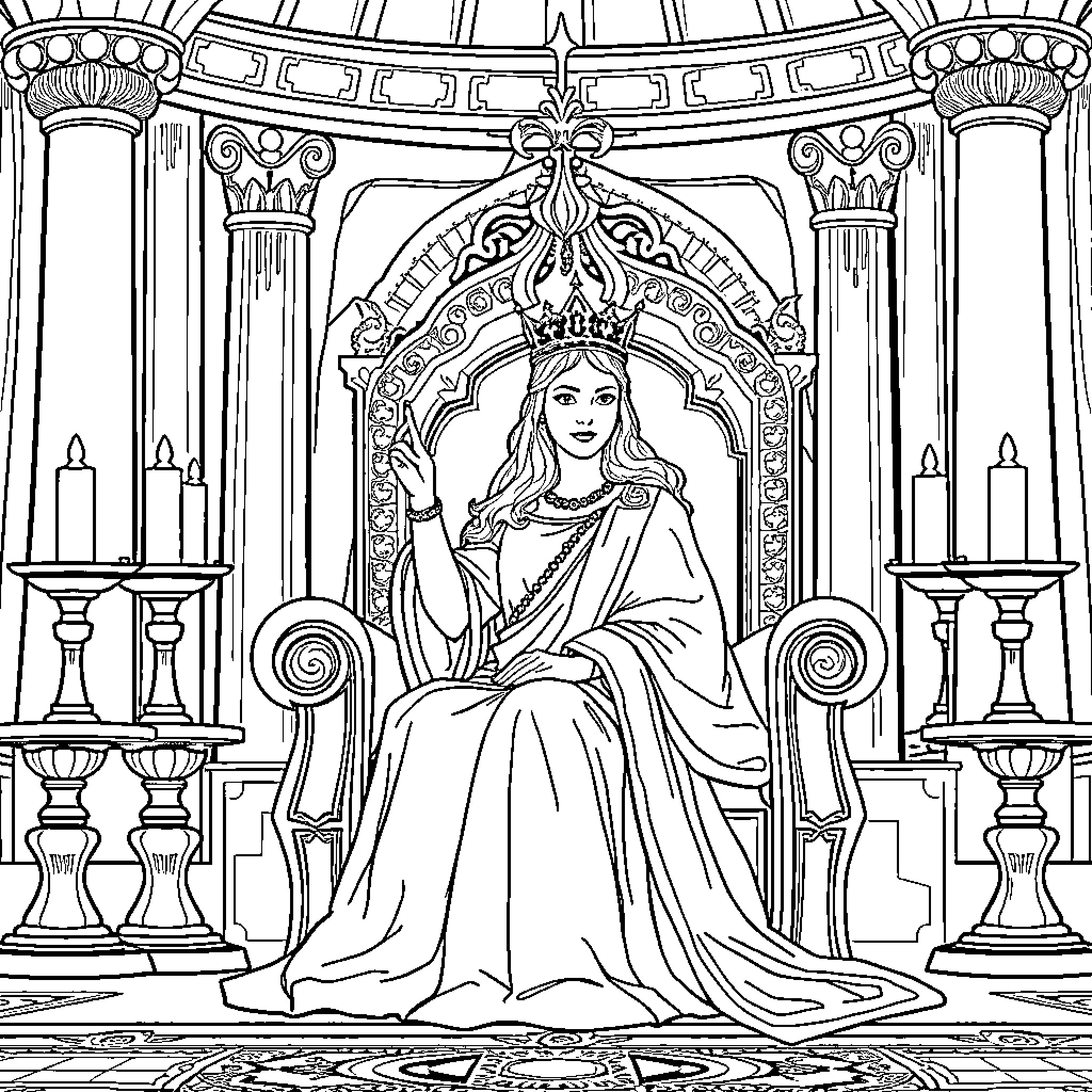 Esther on the royal throne Coloring Page (free black-and-white line drawing printable PDF for all, from beginners to advanced learners, including children, teens, adults, and seniors)