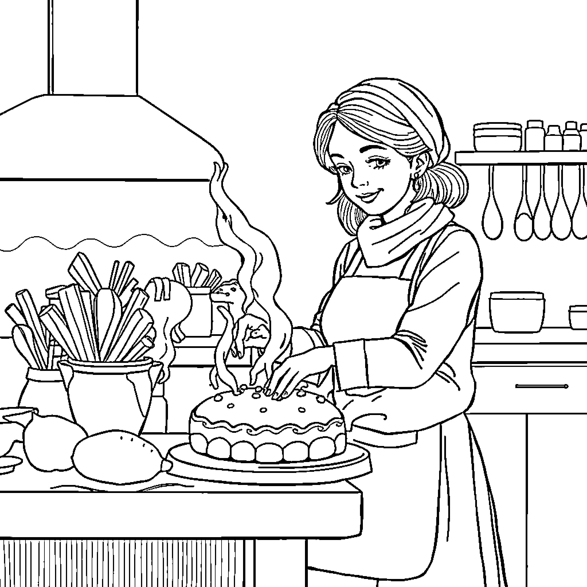 Mother baking a cake in the kitchen Coloring Page (free black-and-white line drawing printable PDF for all, from beginners to advanced learners, including children, teens, adults, and seniors)
