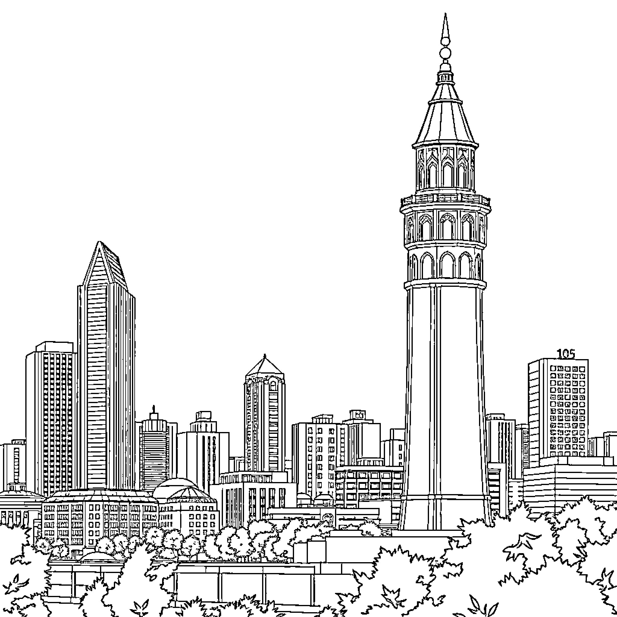 Cityscape of towering skyscrapers and historic architecture Coloring Page (free black-and-white line drawing printable PDF for all, from beginners to advanced learners, including children, teens, adults, and seniors)