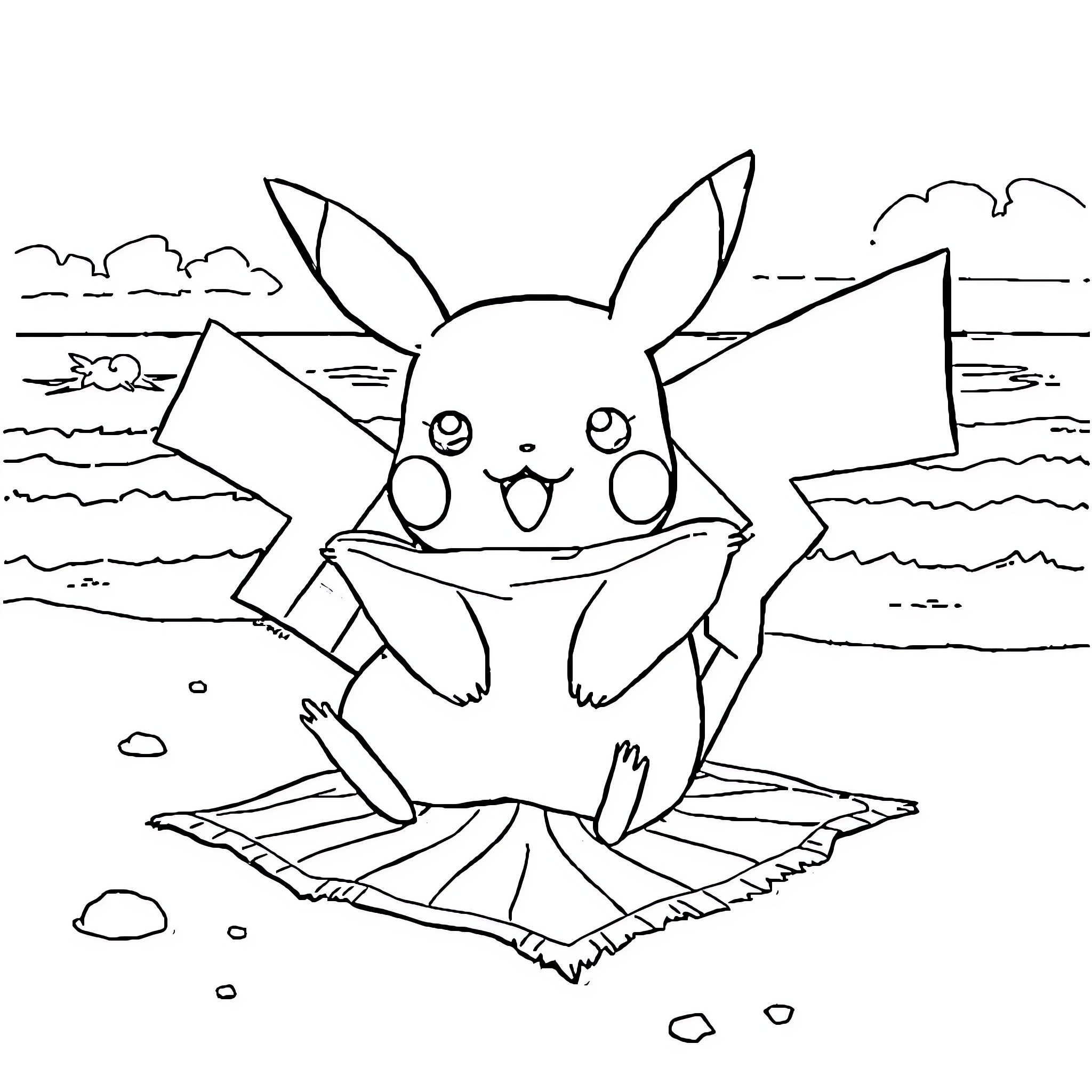 Pikachu relaxing on a raft in the ocean Coloring Page (free black-and-white line drawing printable PDF for all, from beginners to advanced learners, including children, teens, adults, and seniors)