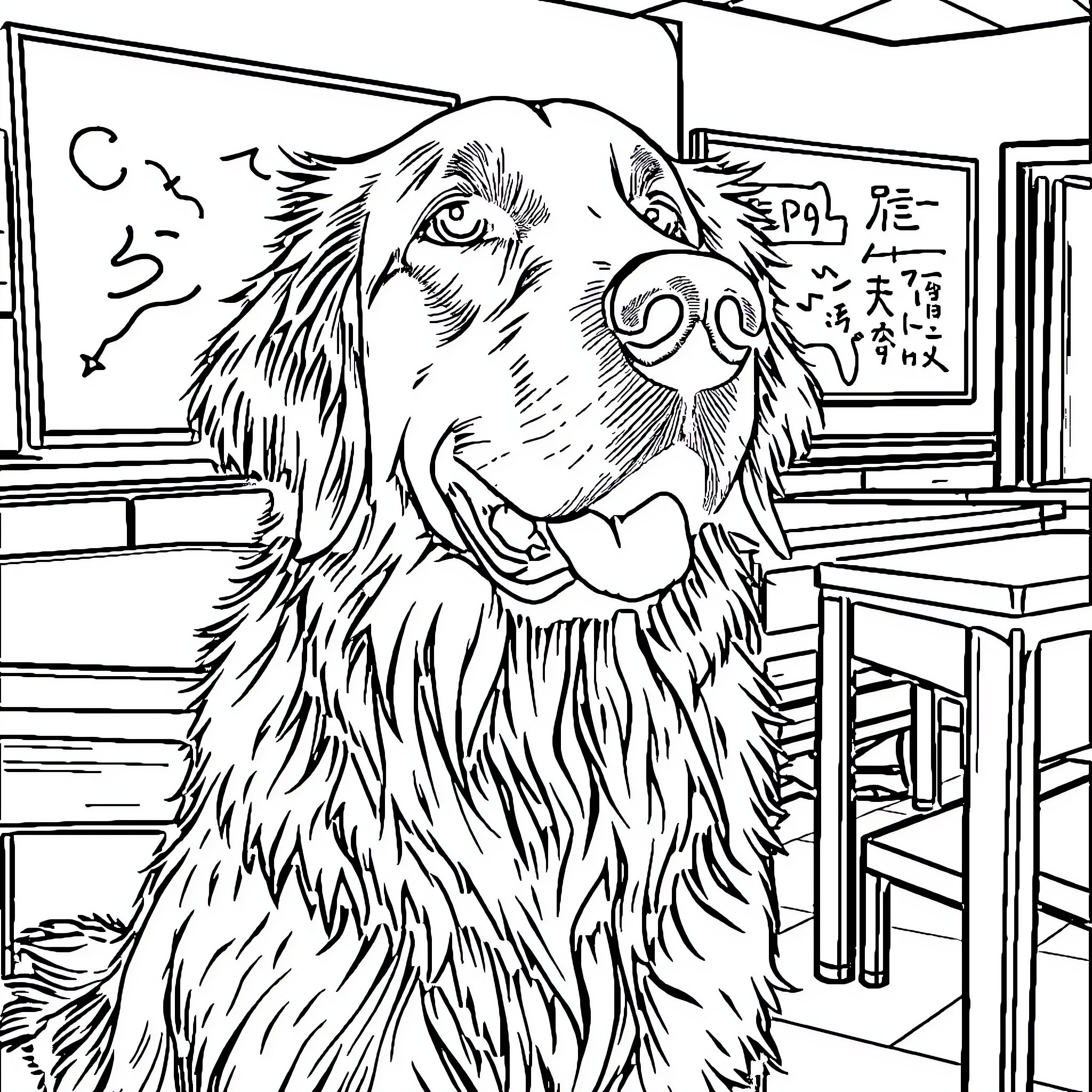 Golden Retriever in a Classroom Setting Coloring Page (free black-and-white line drawing printable PDF for all, from beginners to advanced learners, including children, teens, adults, and seniors)