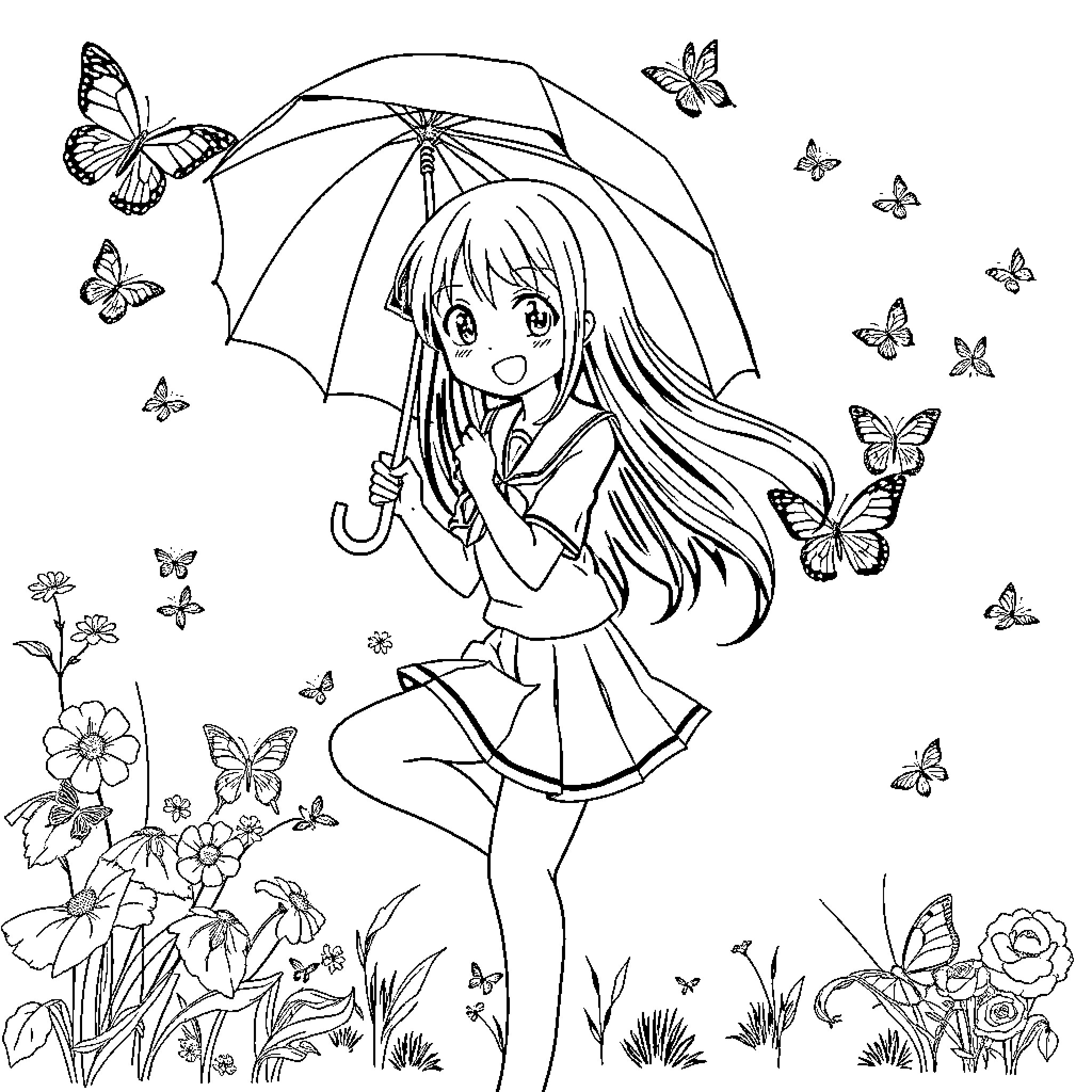 School Girl with Umbrella Surrounded by Butterflies Coloring Page (free black-and-white line drawing printable PDF for all, from beginners to advanced learners, including children, teens, adults, and seniors)