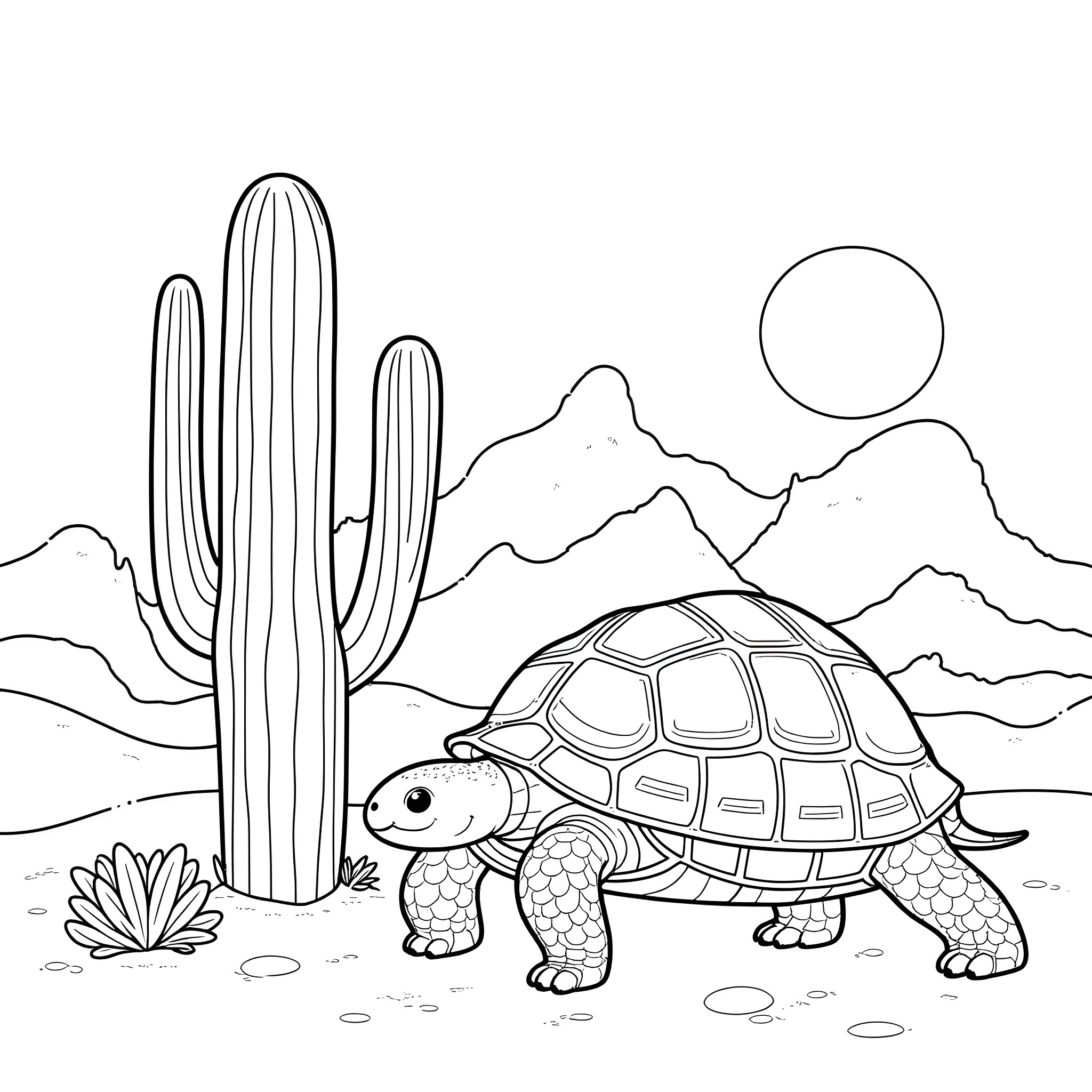 Tortoise exploring the desert landscape Coloring Page (free black-and-white line drawing printable PDF for all, from beginners to advanced learners, including children, teens, adults, and seniors)
