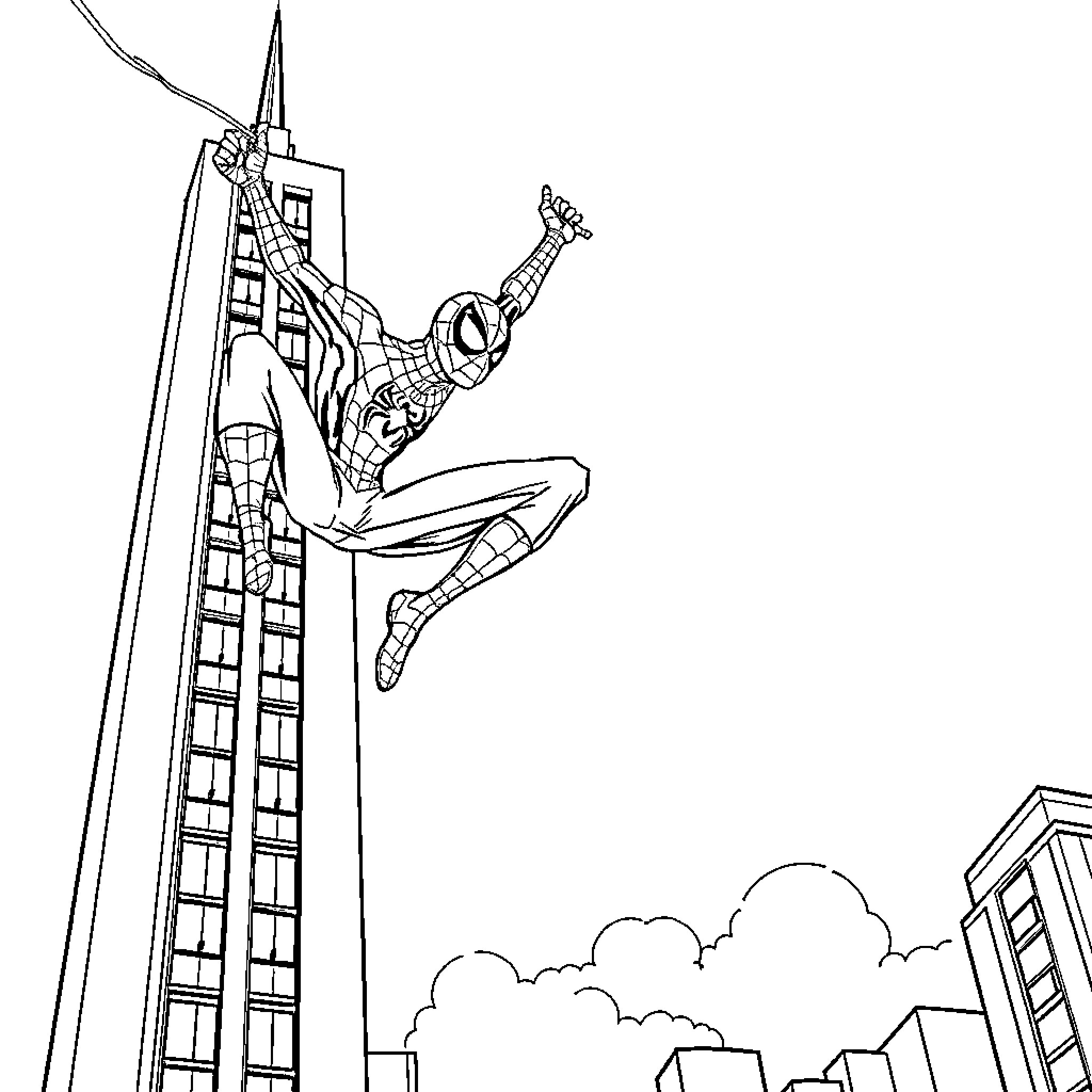 Spider-Man scaling skyscraper with agility Coloring Page (free black-and-white line drawing printable PDF for all, from beginners to advanced learners, including children, teens, adults, and seniors)