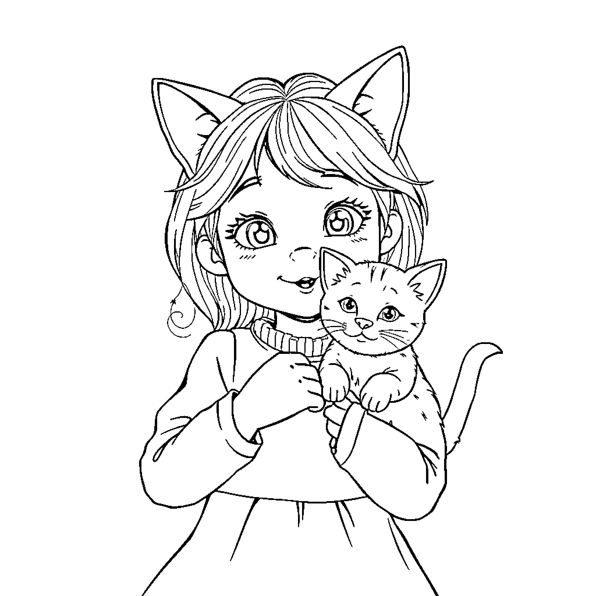 Fille holding a playful kitten Coloring Page (free black-and-white line drawing printable PDF for all, from beginners to advanced learners, including children, teens, adults, and seniors)
