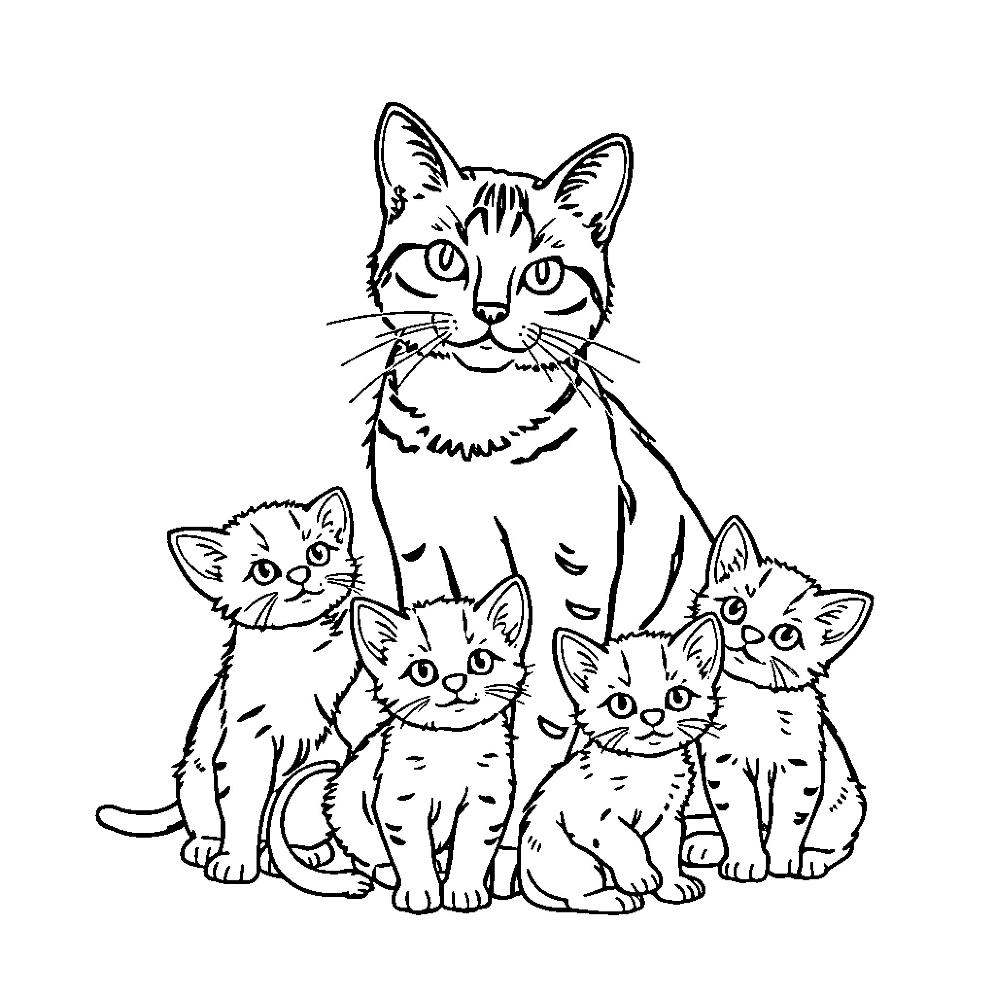 Cat and Kittens Sitting Together Coloring Page (free black-and-white line drawing printable PDF for all, from beginners to advanced learners, including children, teens, adults, and seniors)