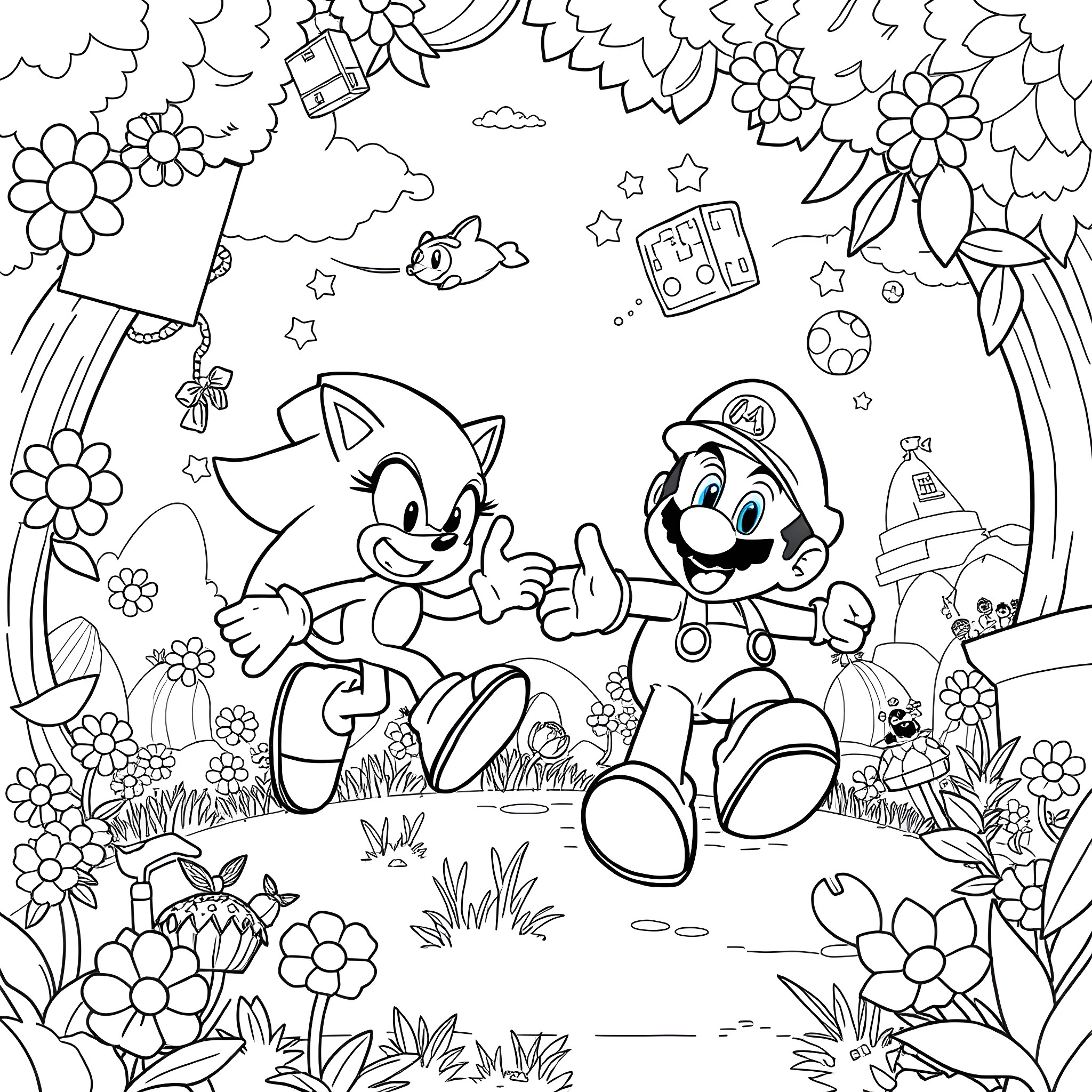Sonic and Mario in a Whimsical Landscape Coloring Page (free black-and-white line drawing printable PDF for all, from beginners to advanced learners, including children, teens, adults, and seniors)