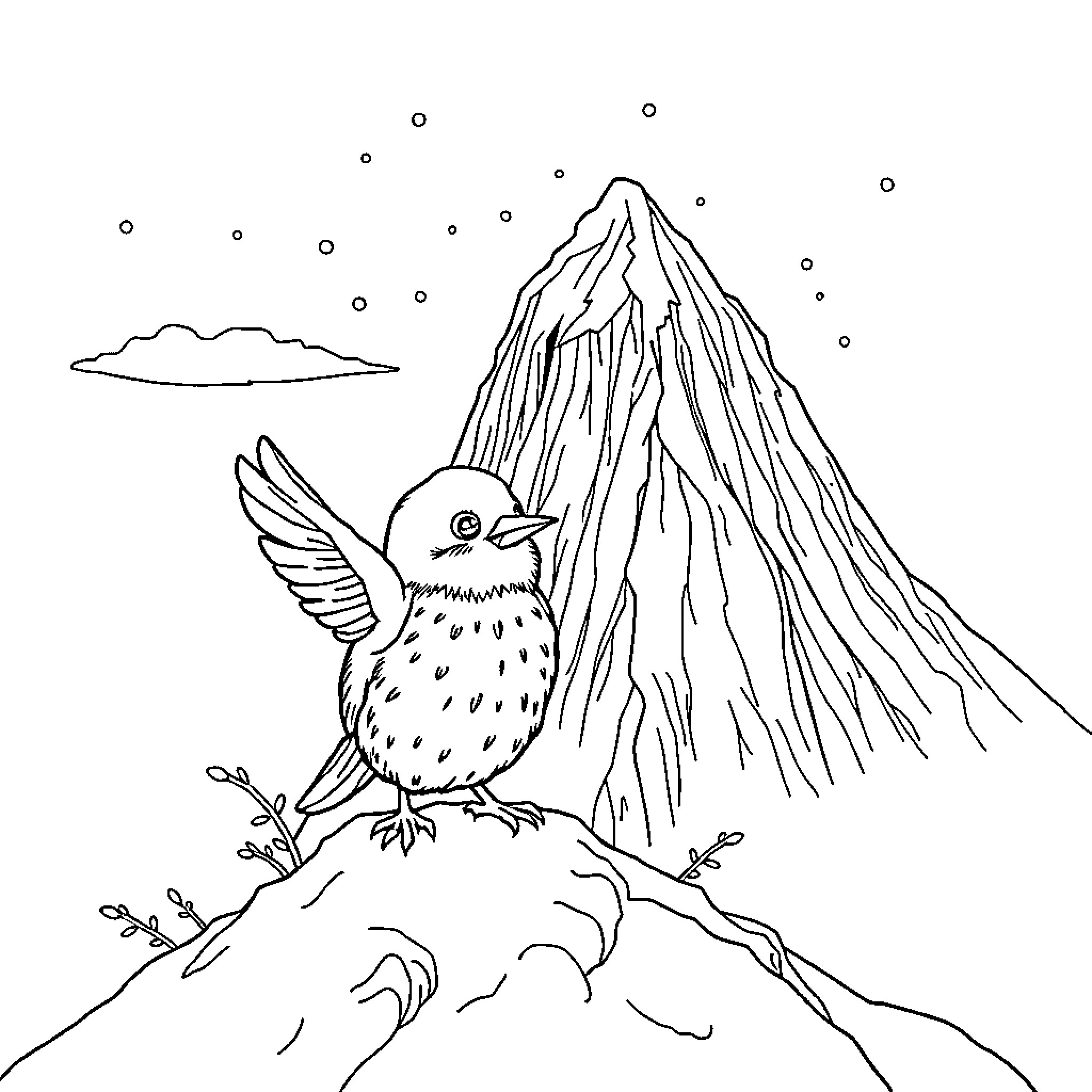 Grinch's Snowy Mountain Adventure Coloring Page (free black-and-white line drawing printable PDF for all, from beginners to advanced learners, including children, teens, adults, and seniors)