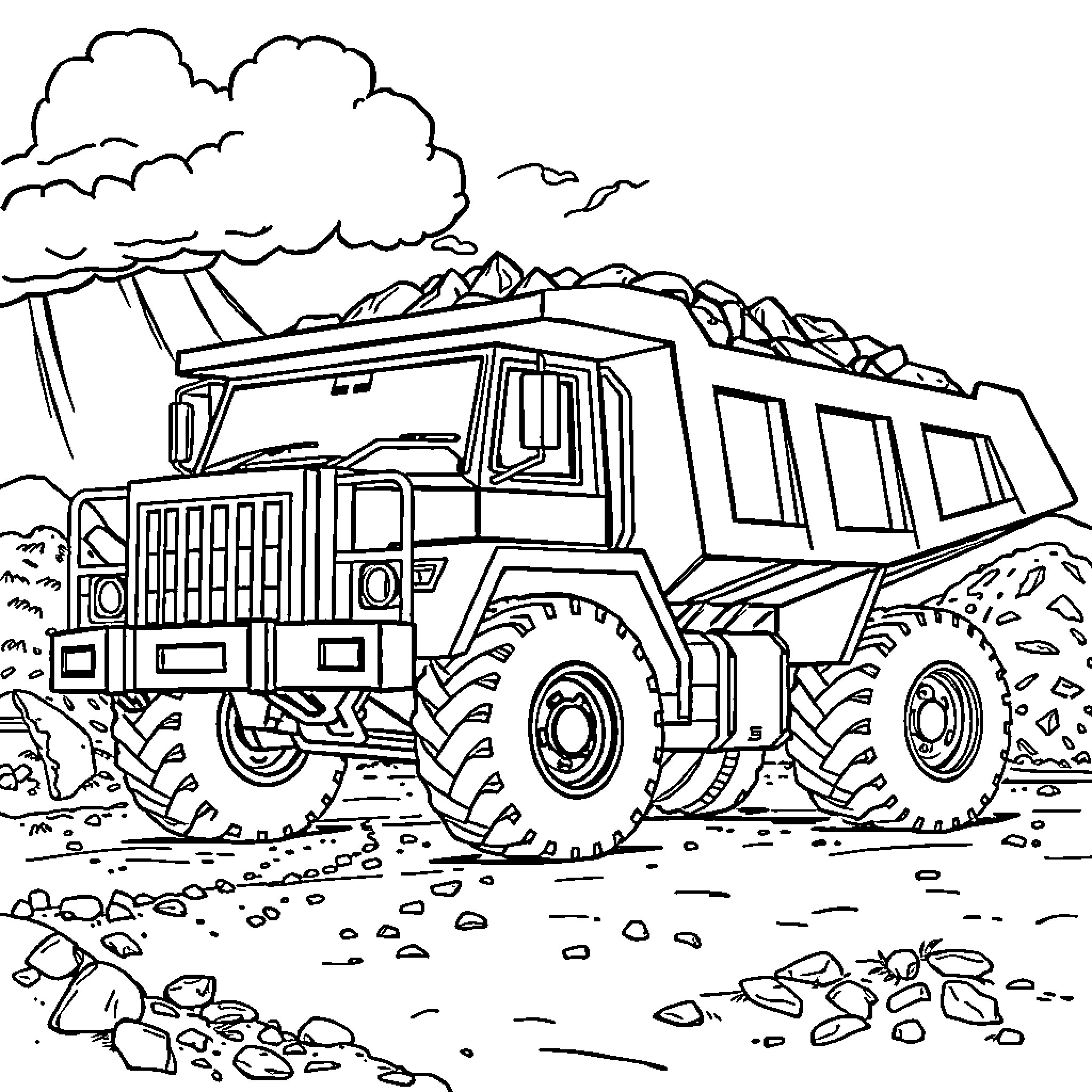 Dump Truck working in rugged outdoor terrain Coloring Page (free black-and-white line drawing printable PDF for all, from beginners to advanced learners, including children, teens, adults, and seniors)