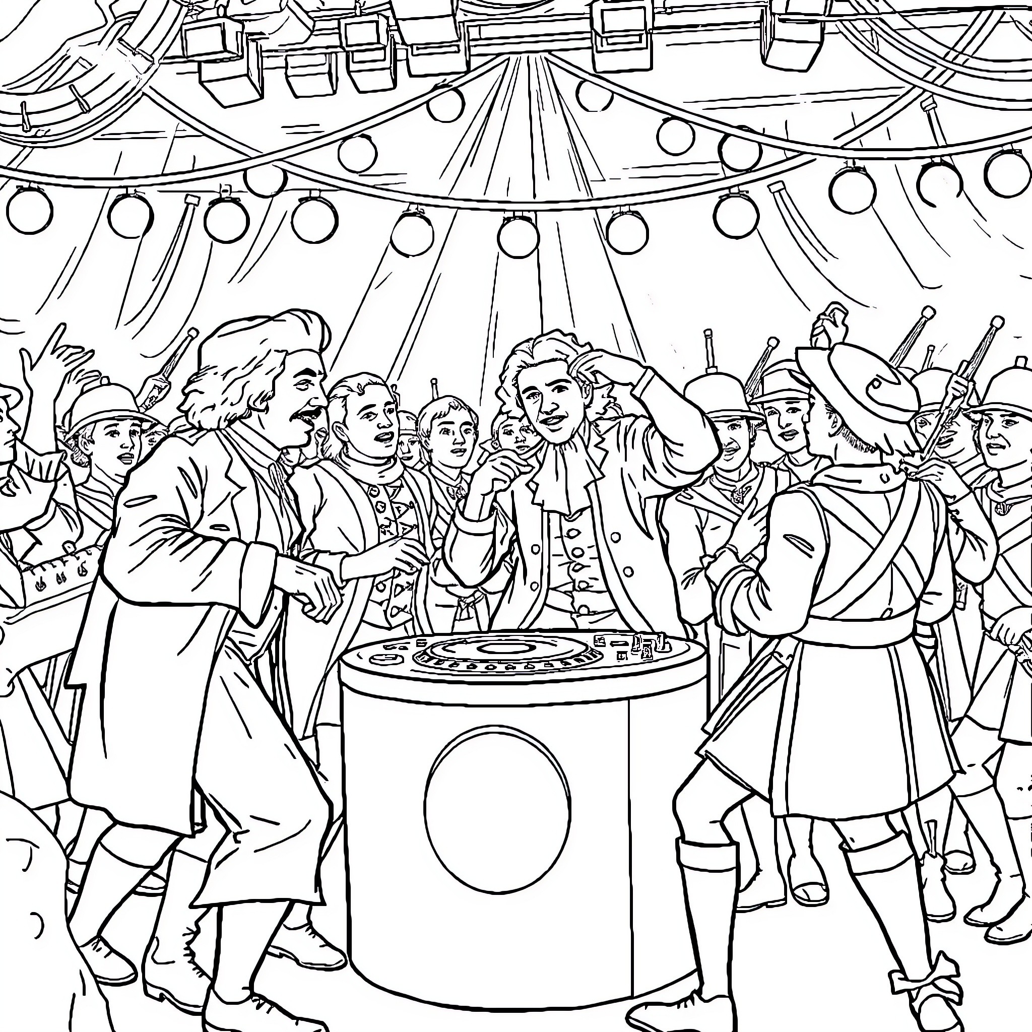 Founding Father Celebrating with Peers at Festive Gathering Coloring Page (free black-and-white line drawing printable PDF for all, from beginners to advanced learners, including children, teens, adults, and seniors)