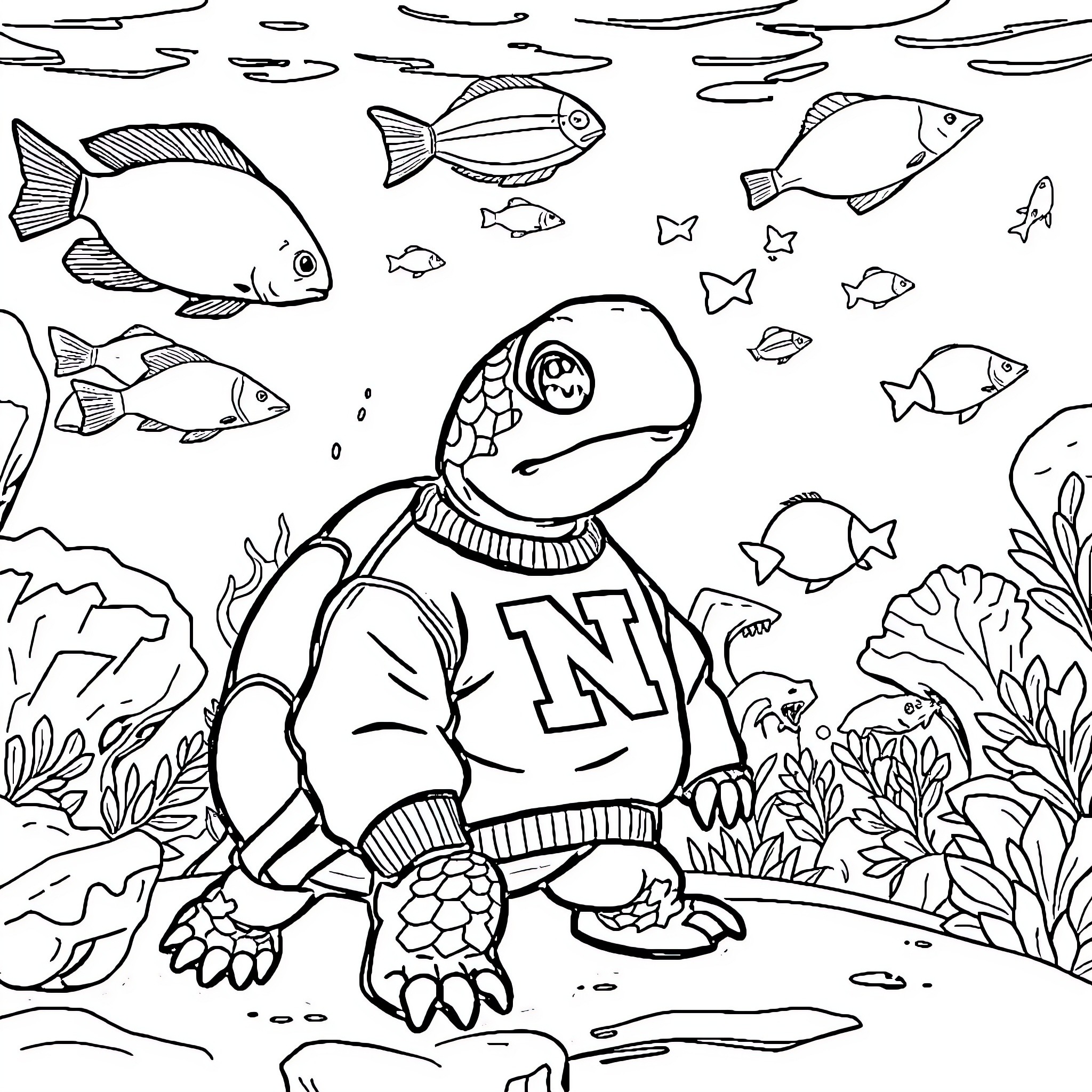 Turtle exploring the underwater world Coloring Page (free black-and-white line drawing printable PDF for all, from beginners to advanced learners, including children, teens, adults, and seniors)